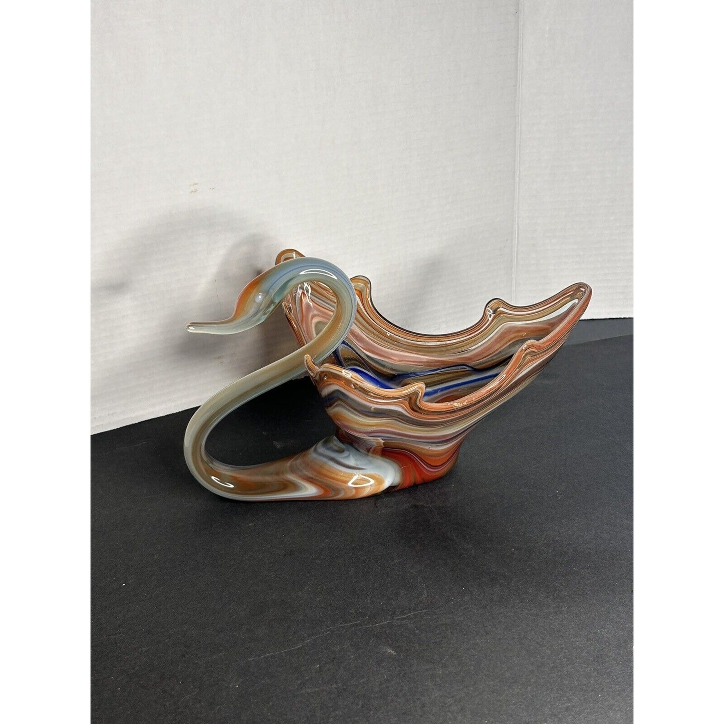 Vintage MCM Handmade Murano Style Art Glass Blue/Orange Swirl Swan Candy Dish