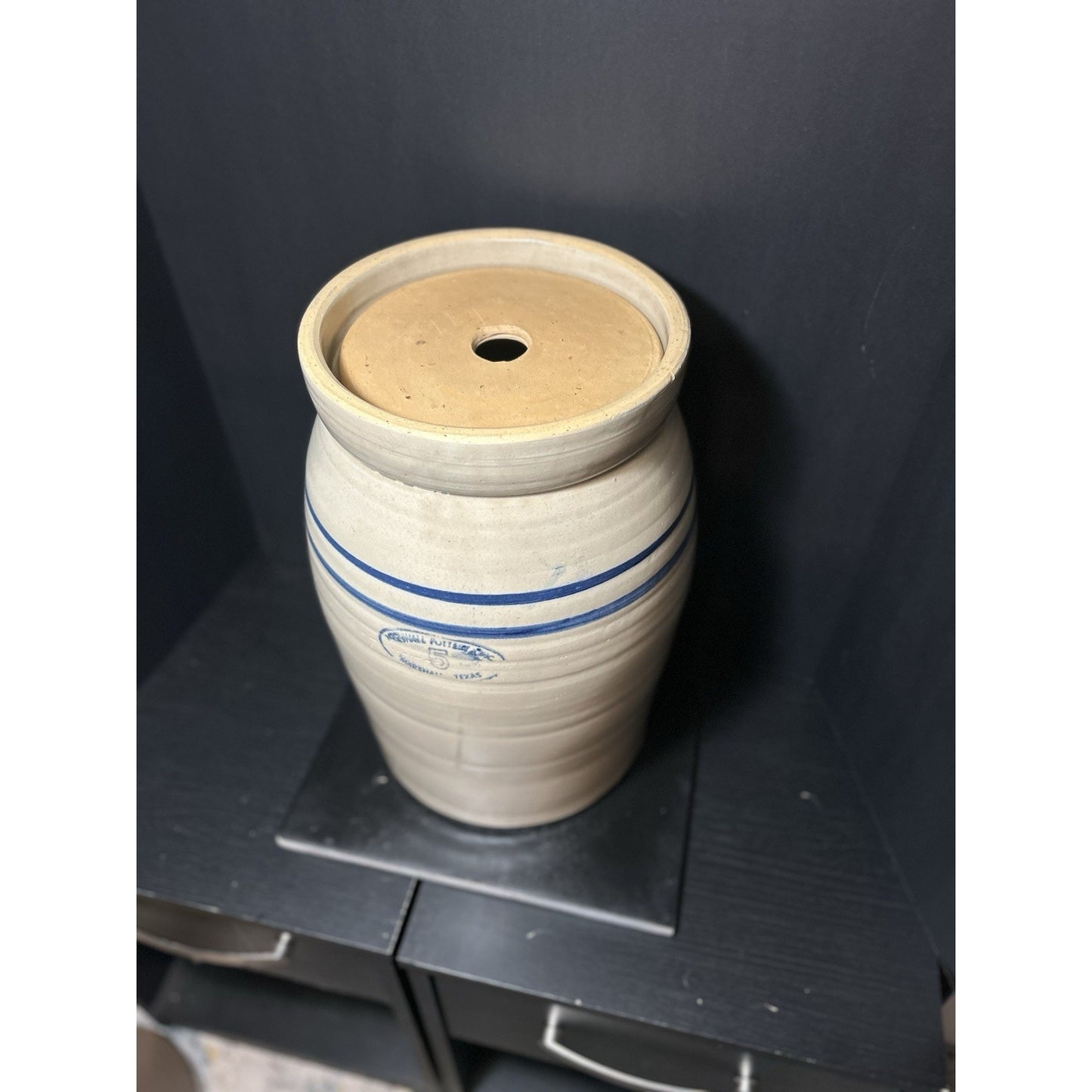 Marshall Pottery 5 Gallon Stoneware Crock w/ Lid Blue Stripe Texas Primitive