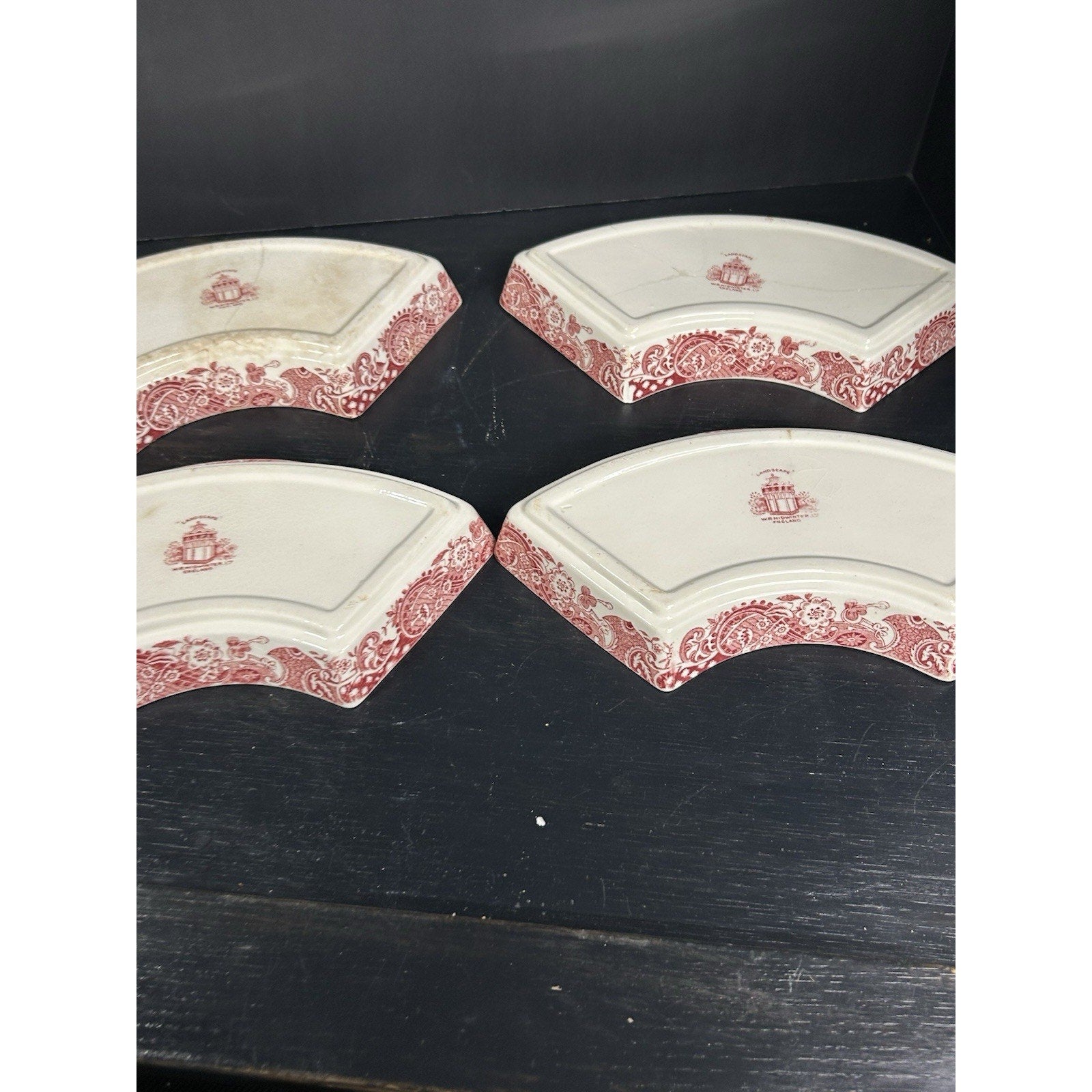 Antique Midwinter 1910 red landscape side dish set all angles