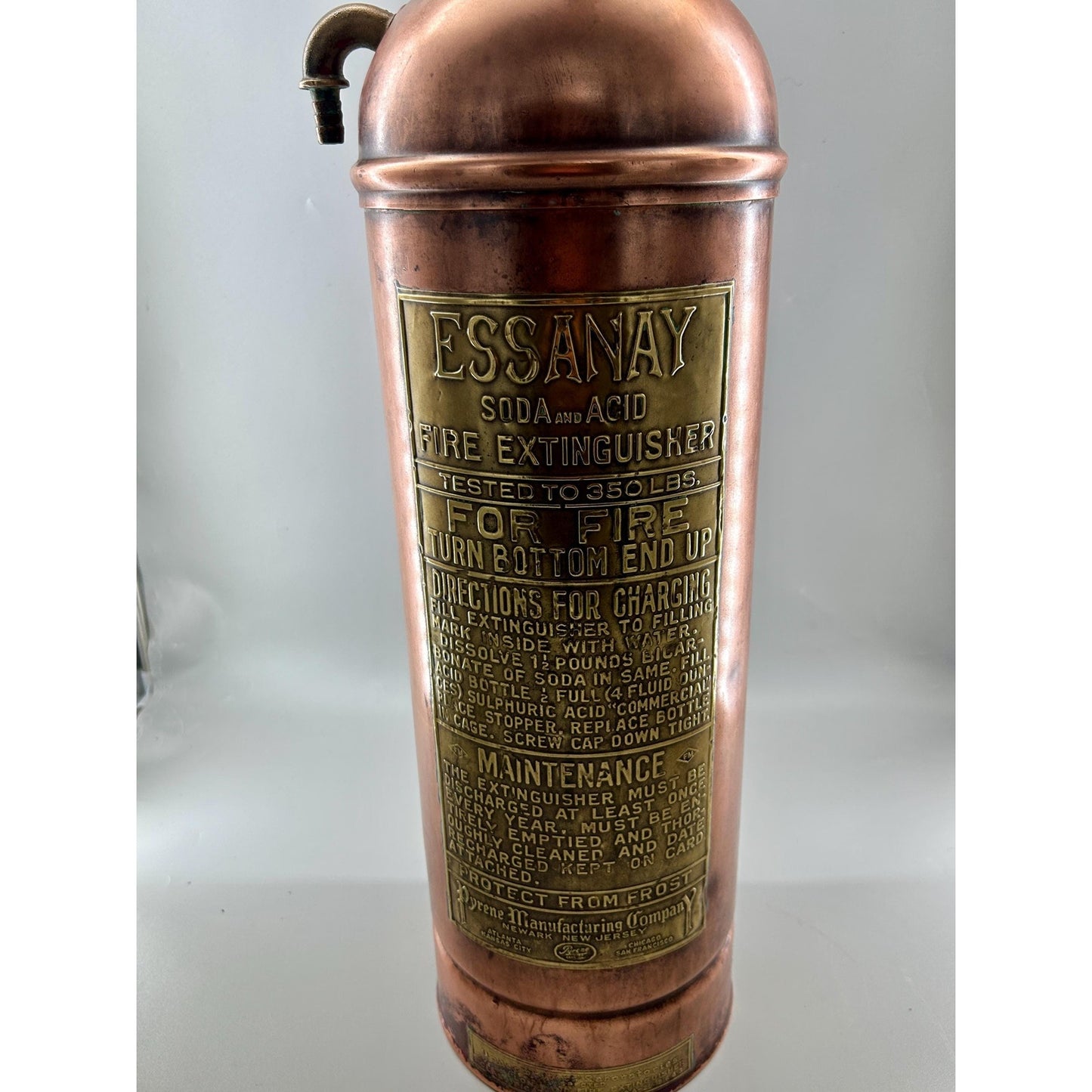 Antique ESSANAY Soda Acid Fire Extinguisher Copper Brass Original Glass Bottle Industrial Firehouse Decor Early 1900s
