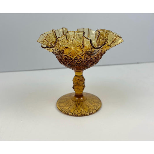 Vintage Indiana Glass Amber Compote, Daisy & Button Ruffled Pedestal Bowl, Mid Century Candy Dish, Footed Glass Centerpiece, 1960s MCM Decor