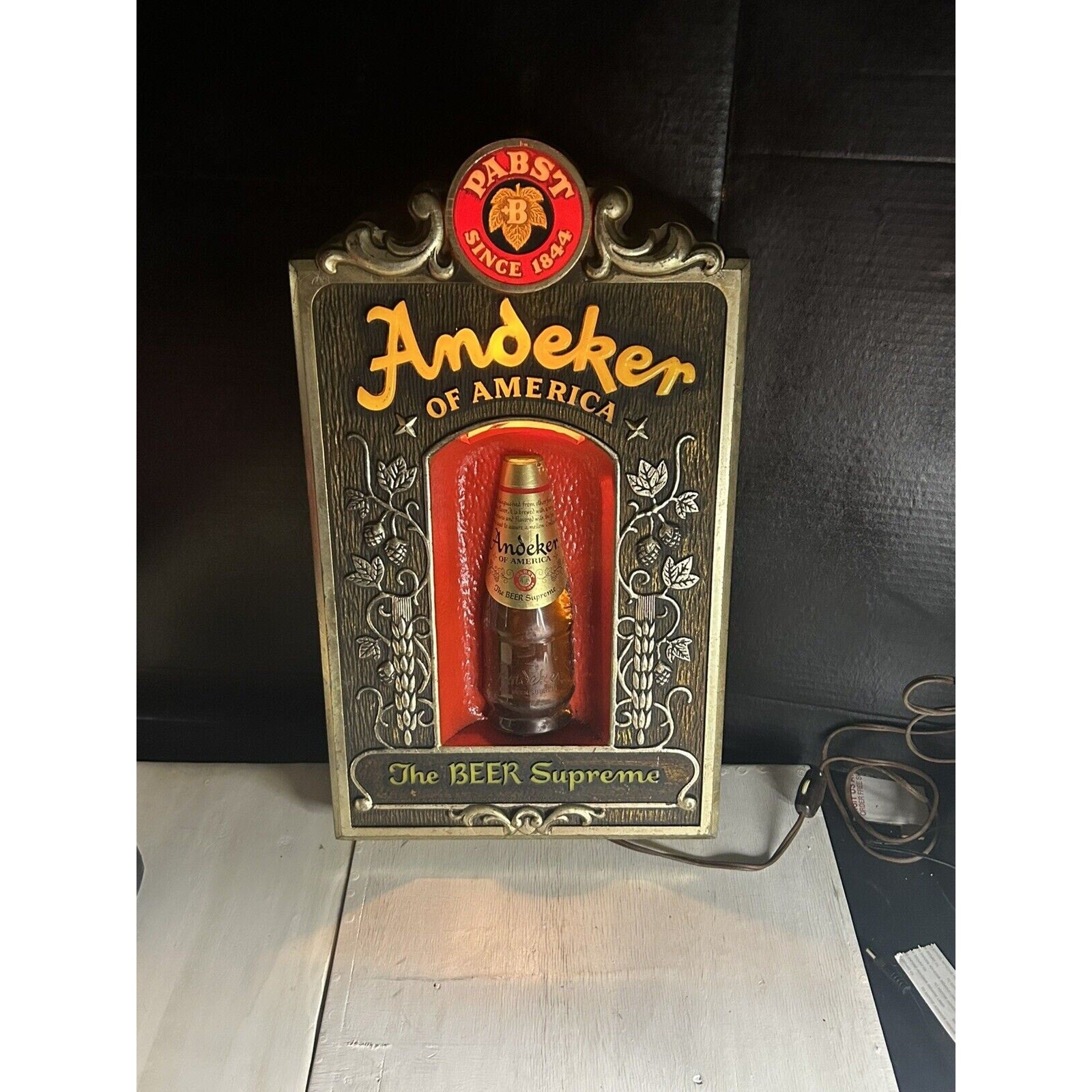 The Beer Supreme PABST Andeker lighted sign text detail vintage