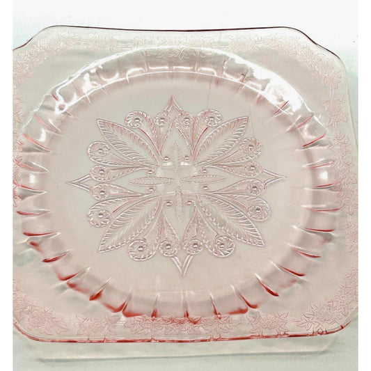 Vintage pink depression glass plates set of 2, square scalloped form with etched floral medallion, 1930s Art Deco glassware