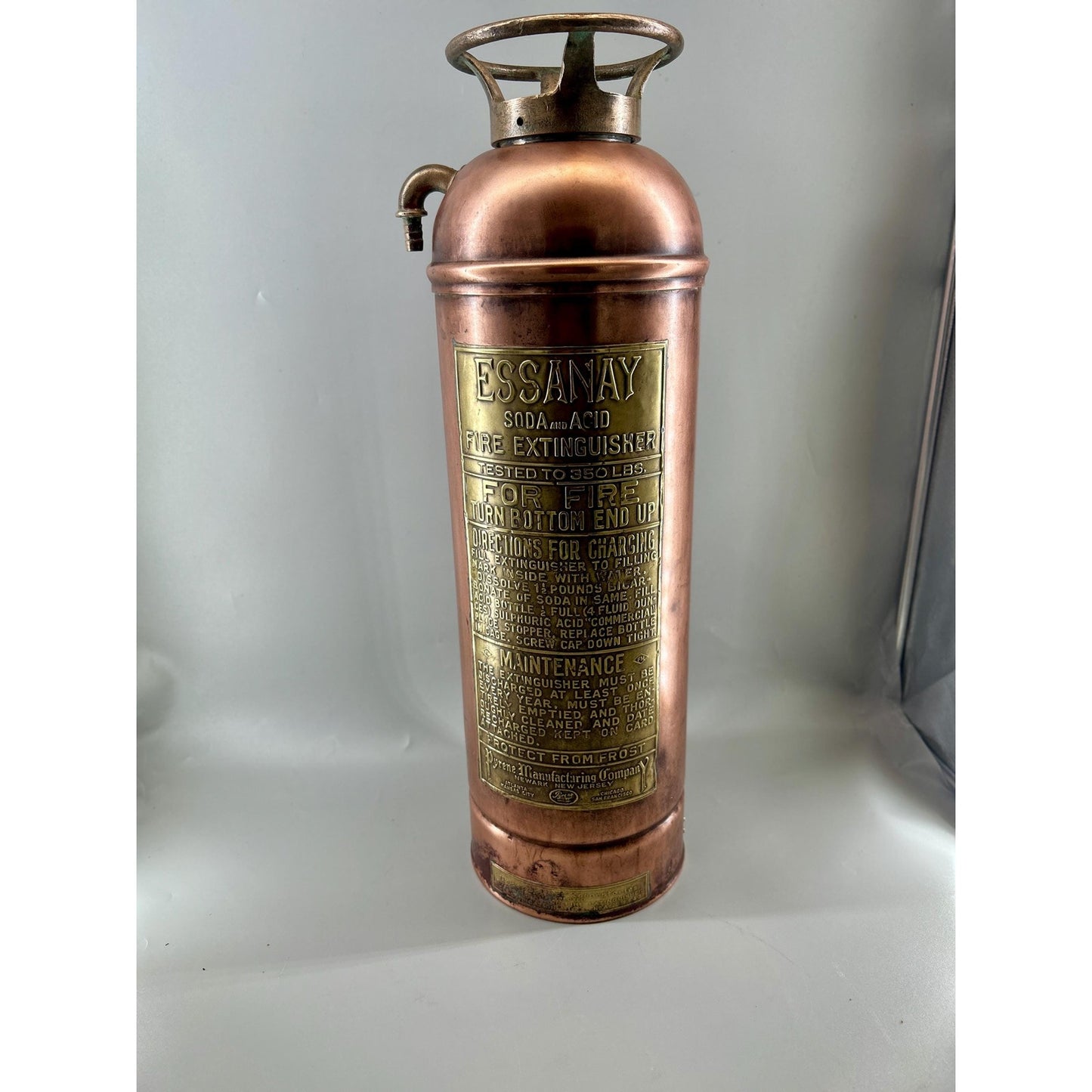 Antique ESSANAY Soda Acid Fire Extinguisher Copper Brass Original Glass Bottle Industrial Firehouse Decor Early 1900s