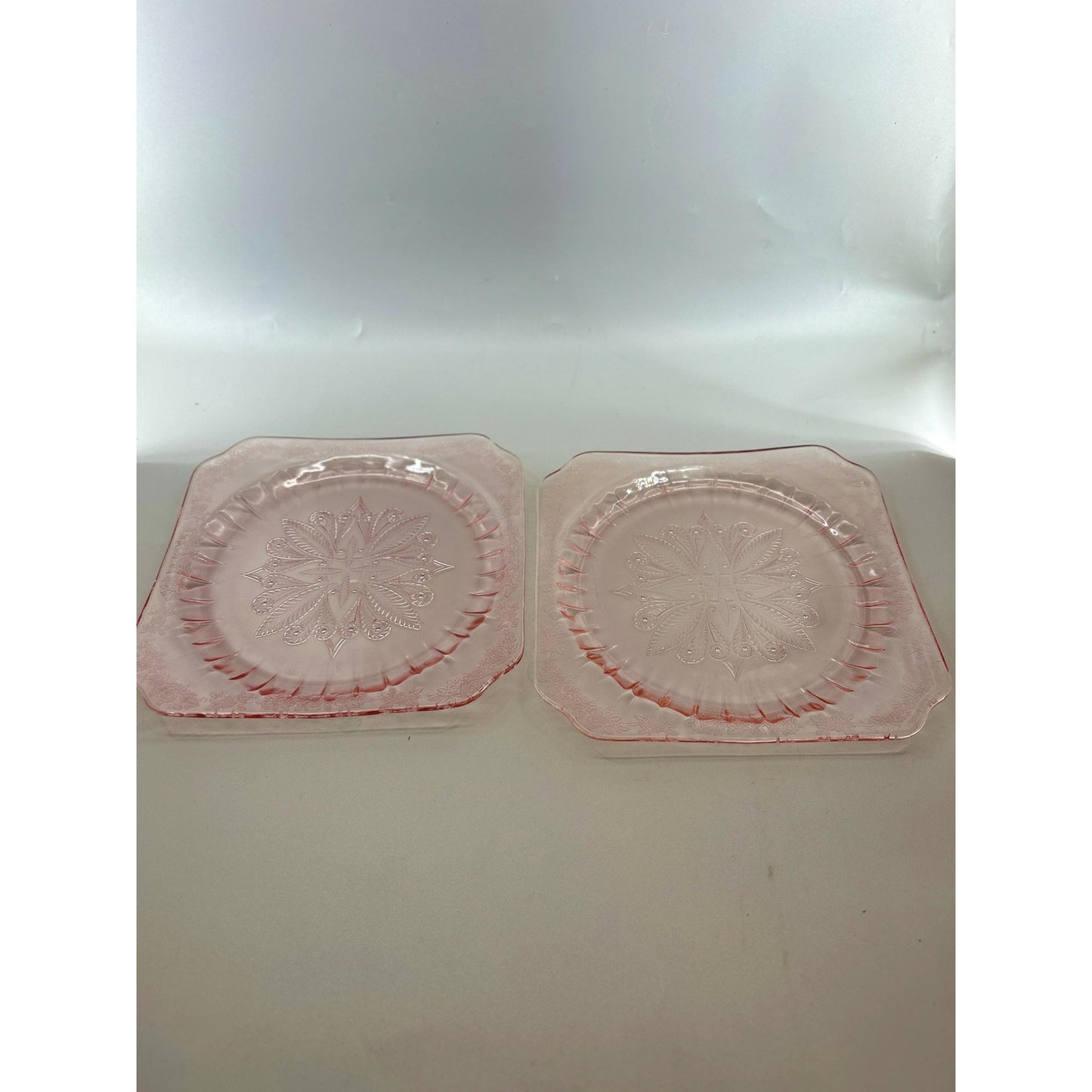 Vintage Pink Depression Glass Plates Set of 2 Etched Floral Square Luncheon Salad Plates Art Deco Glassware
