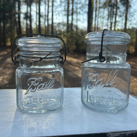Pair of Ball Ideal Wire-Bail Mason Jars — Square Pint & Tall Quart — Glass Lids