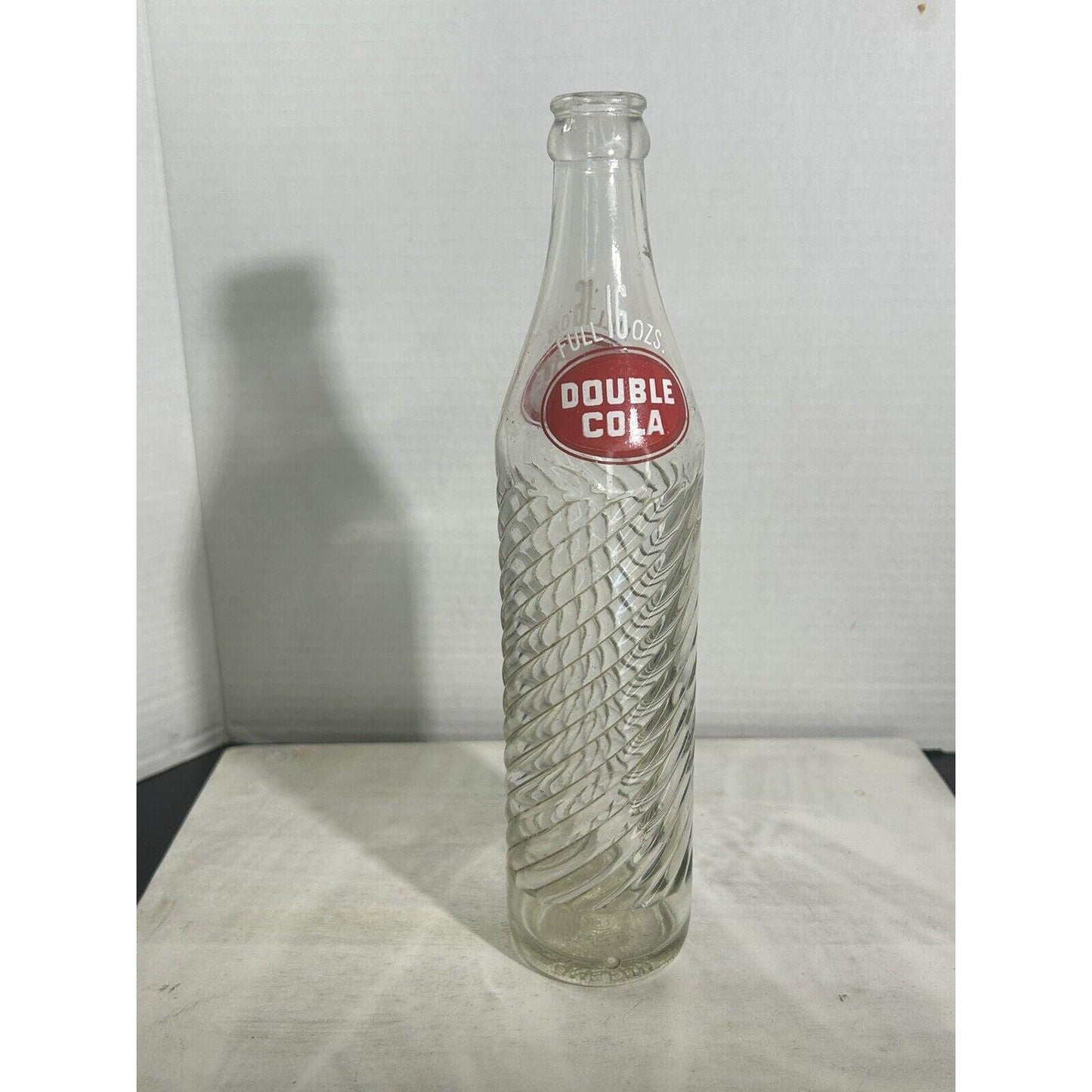 Vintage Double Cola 16 oz Swirl Glass Soda Bottle – Red & White ACL Label – Spiral Design – Mid Century Soda Pop Collectible Advertising.