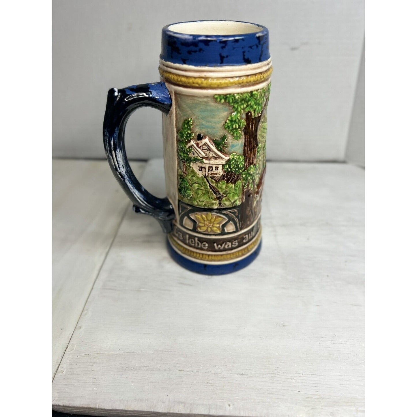 Antique German Holland Mold Stoneware Beer Stein. 8” Tall. Gorgeous Details!