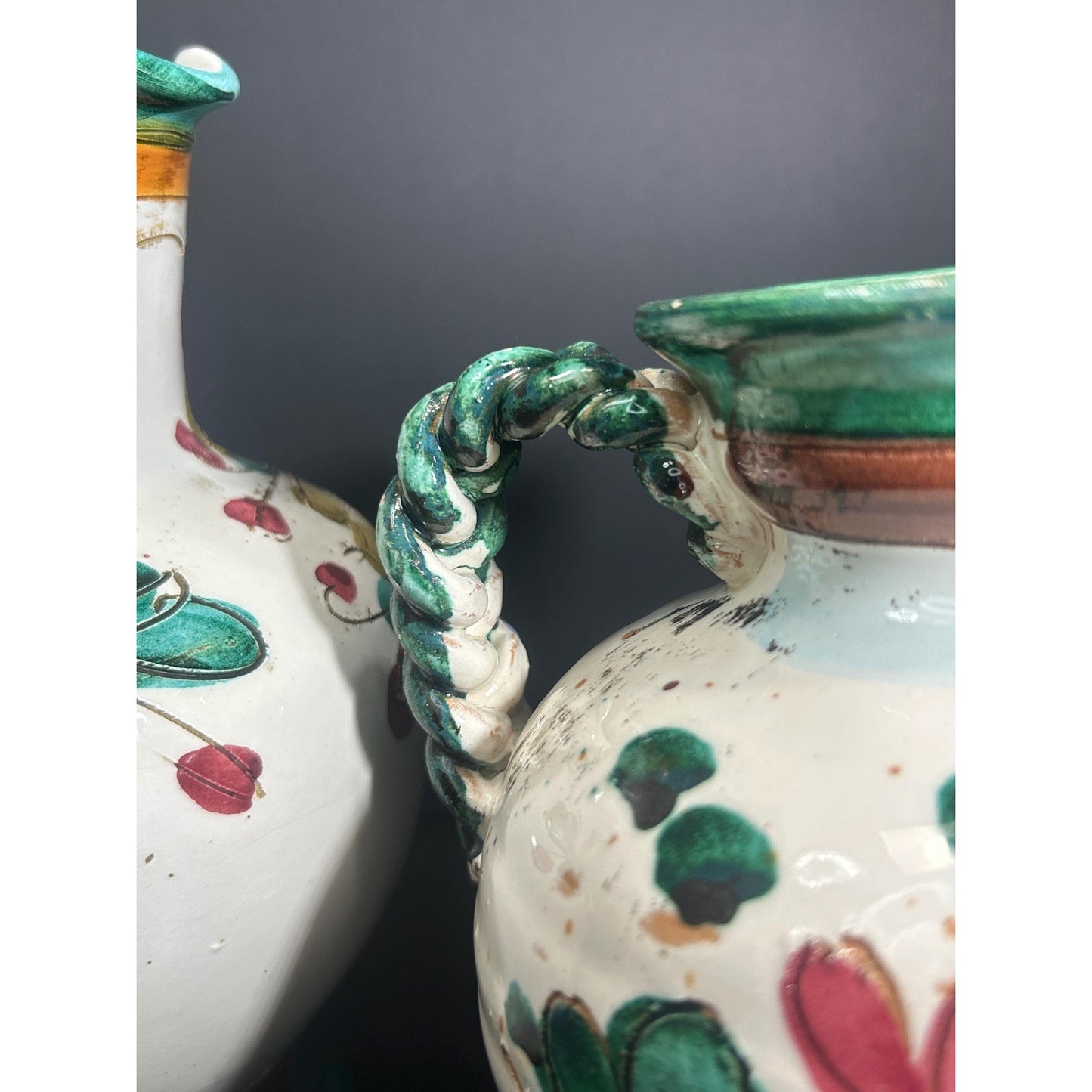Pair of Hand Painted Majolica Pitchers | Braided Handle Floral Pottery Set | Spanish Rustic Ceramic Jugs | Tuscan Mediterranean Home Decor