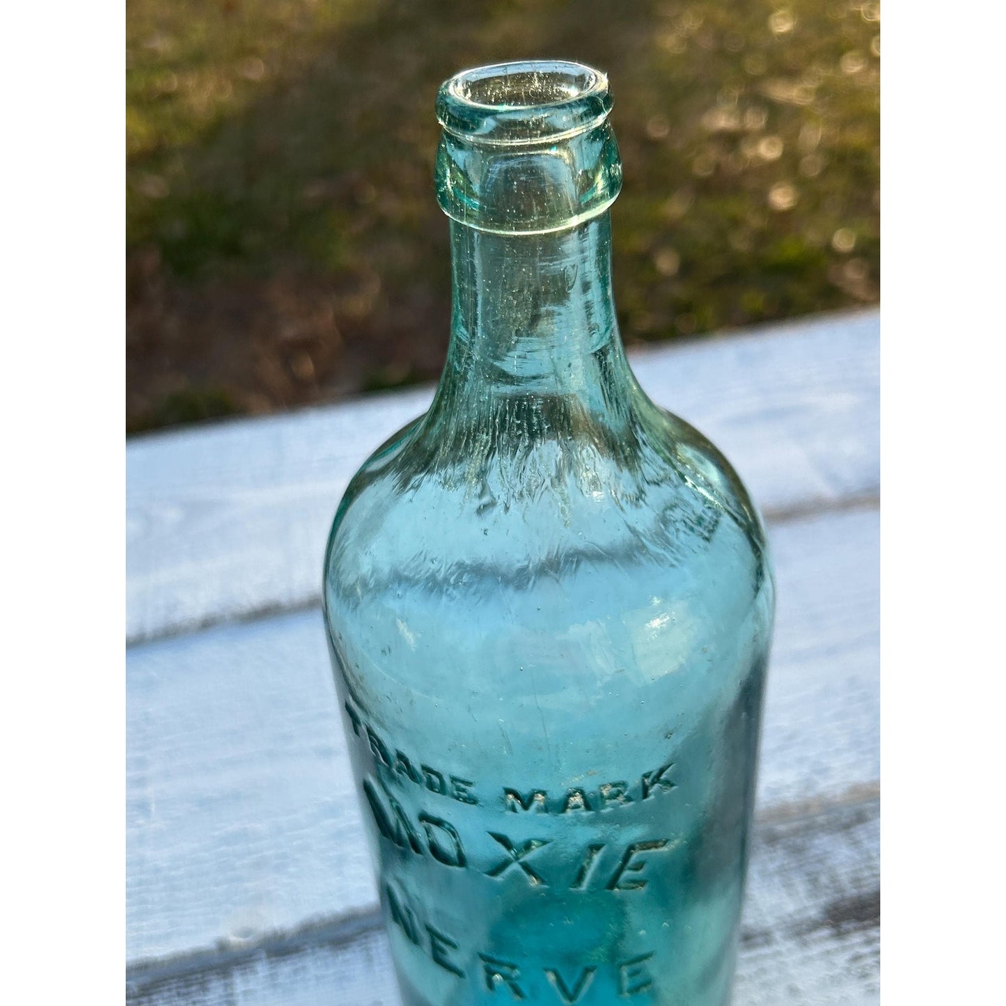 Moxie Nerve Food Aqua Glass Patent Medicine Bottle, Embossed Brockway Glass Collectible Decor