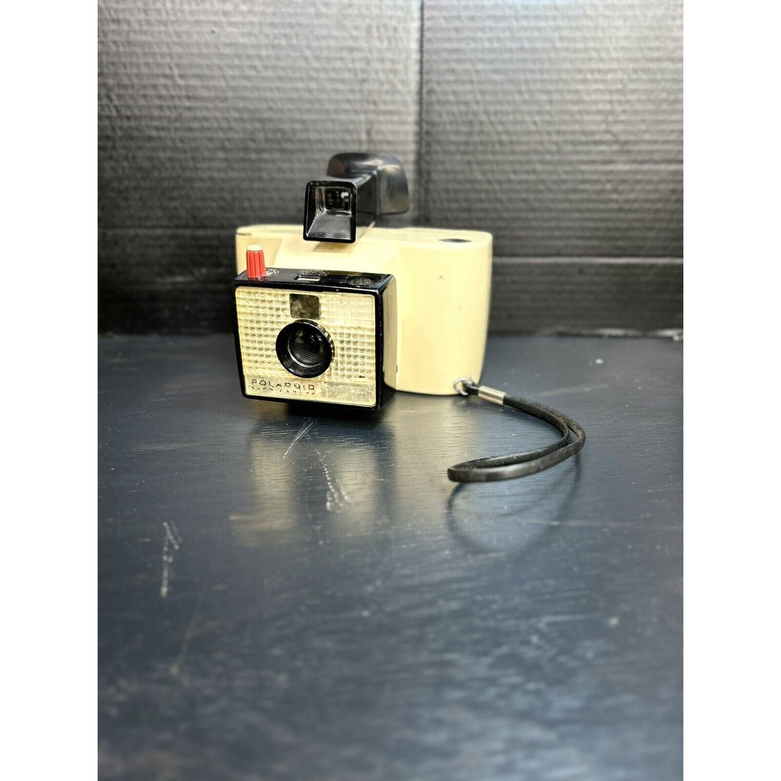 Vintage 1960s Polaroid Swinger camera viewfinder detail