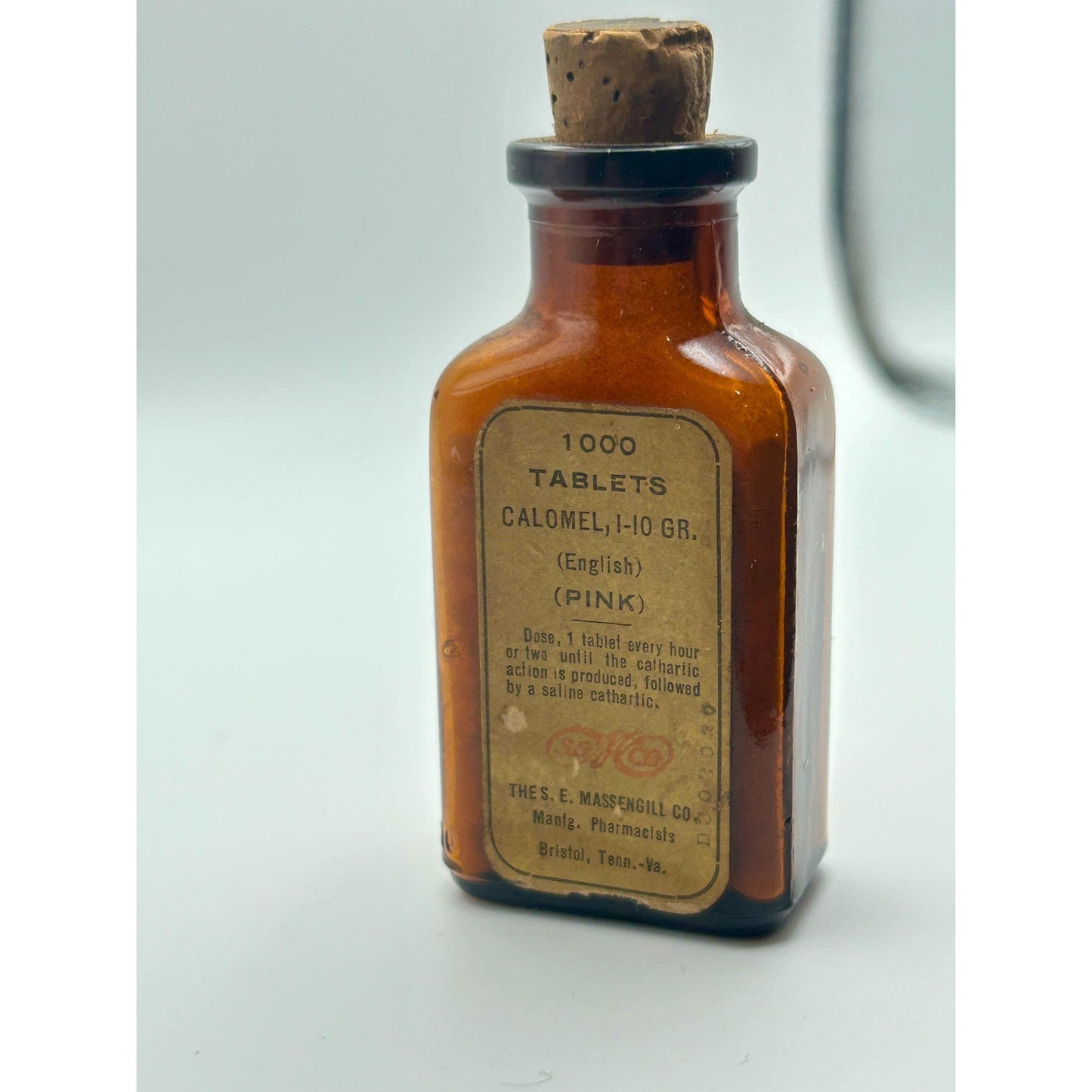 Antique Apothecary Calomel Tablets Bottle S.E. Massengill Bristol TN VA Pharmacy Amber Medicine Jar w Cork Seal 1000 Tablets Medical Quack