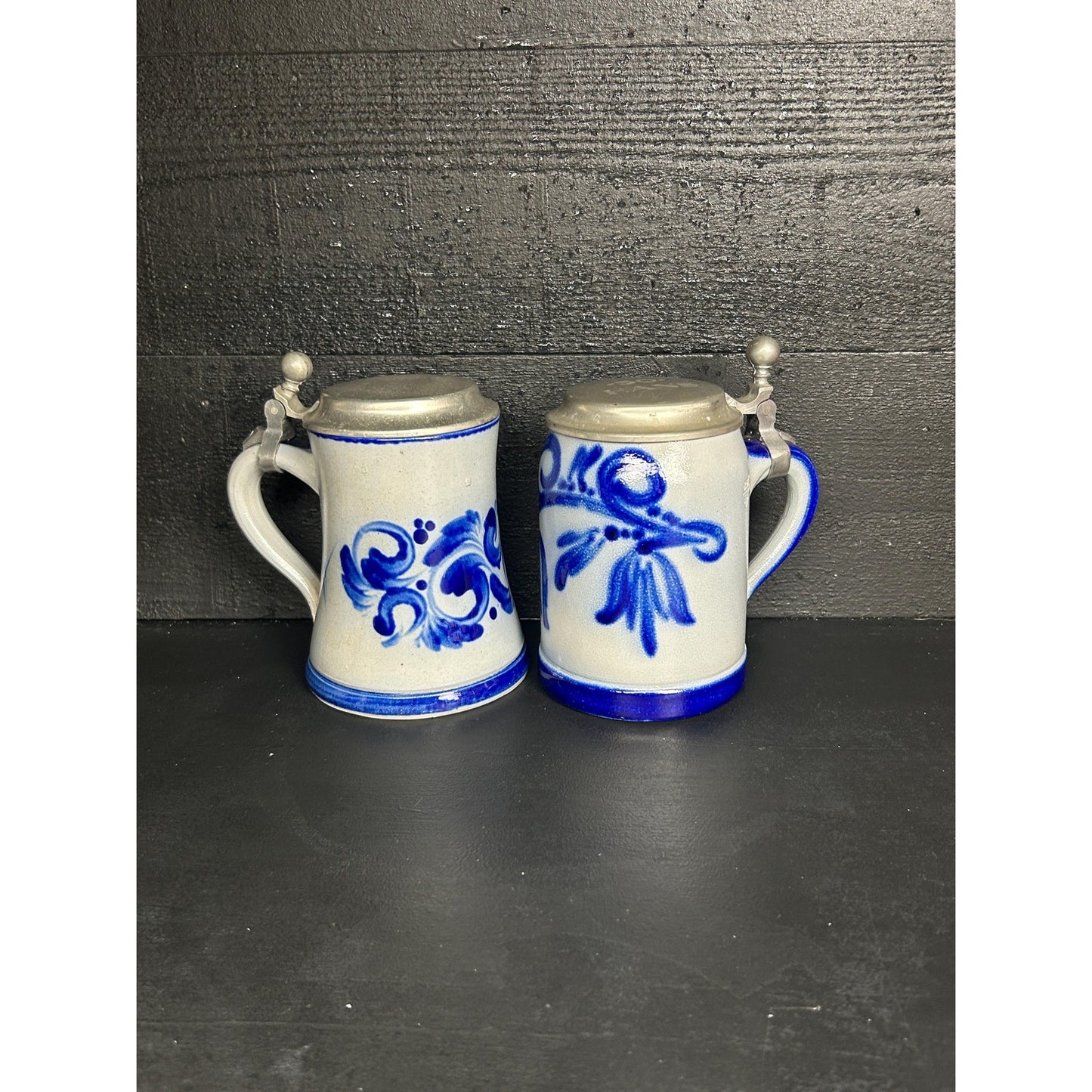 Vintage Westerwald German Stein Pair .5L • Salt Glazed Cobalt Stoneware • LFZ Handarbeit • Pewter Lids • Engraved “Hans” • Collector Grade