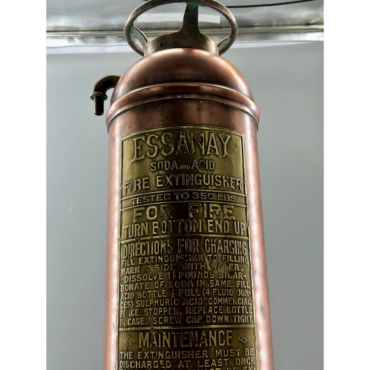 Antique ESSANAY Soda Acid Fire Extinguisher Copper Brass Original Glass Bottle Industrial Firehouse Decor Early 1900s
