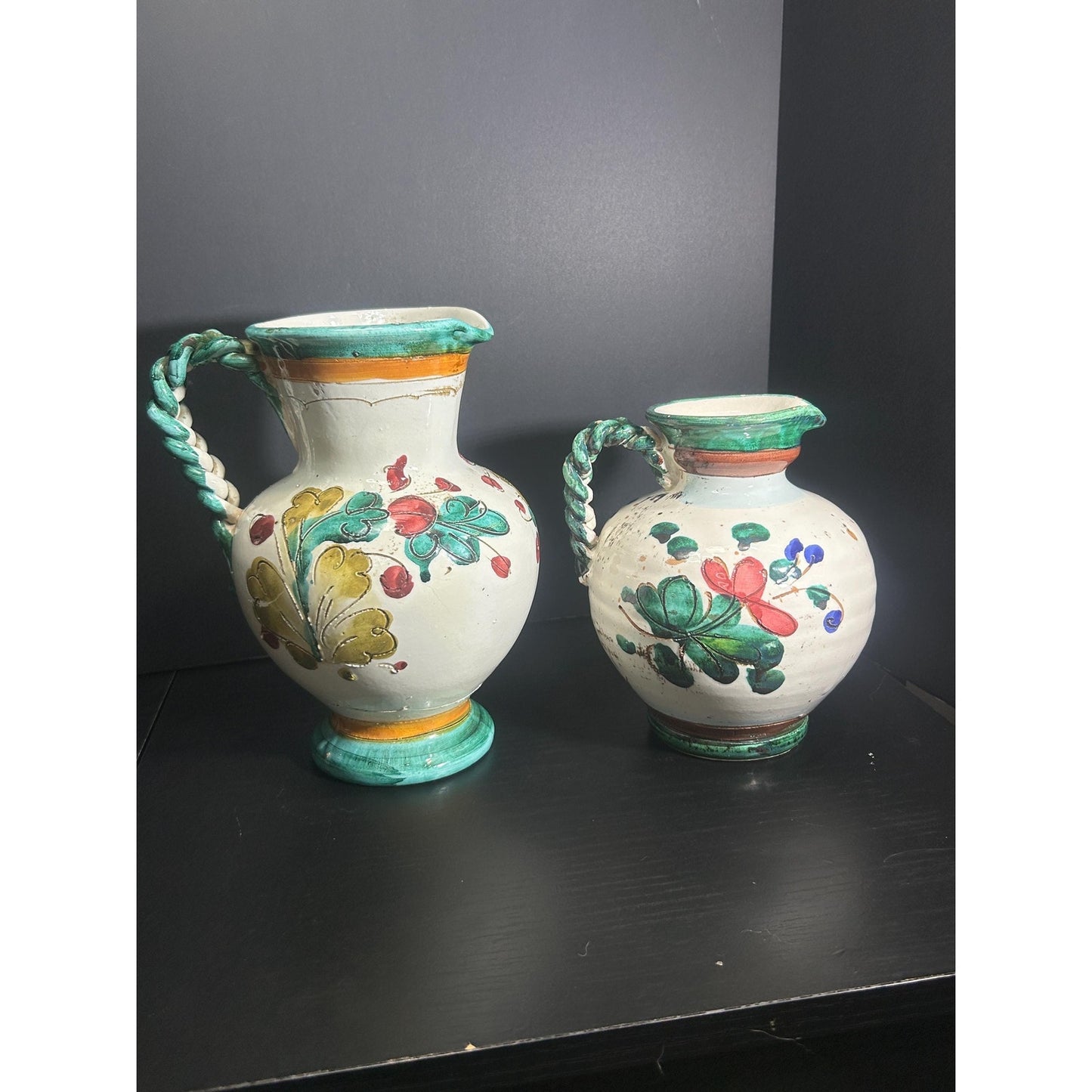 Pair of Hand Painted Majolica Pitchers | Braided Handle Floral Pottery Set | Spanish Rustic Ceramic Jugs | Tuscan Mediterranean Home Decor