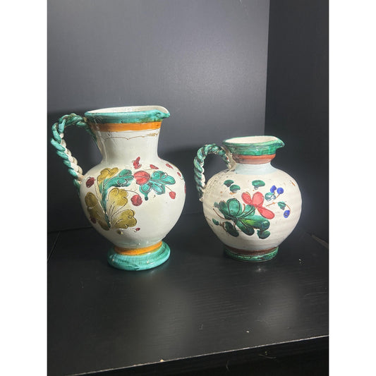 Pair of Hand Painted Majolica Pitchers | Braided Handle Floral Pottery Set | Spanish Rustic Ceramic Jugs | Tuscan Mediterranean Home Decor
