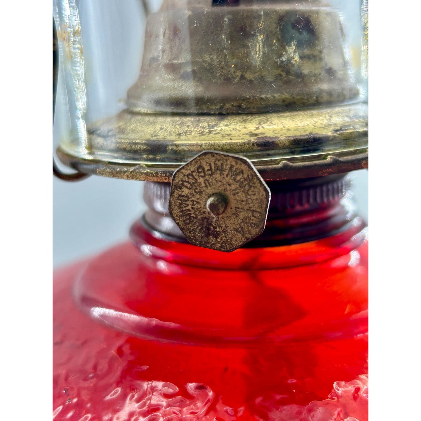 Antique Ruby Red Glass Oil Lamp 22” Tall – Figural Heron Marsh Scene Pedestal – Victorian Kerosene Parlor Lamp – Cranberry Pressed Glass