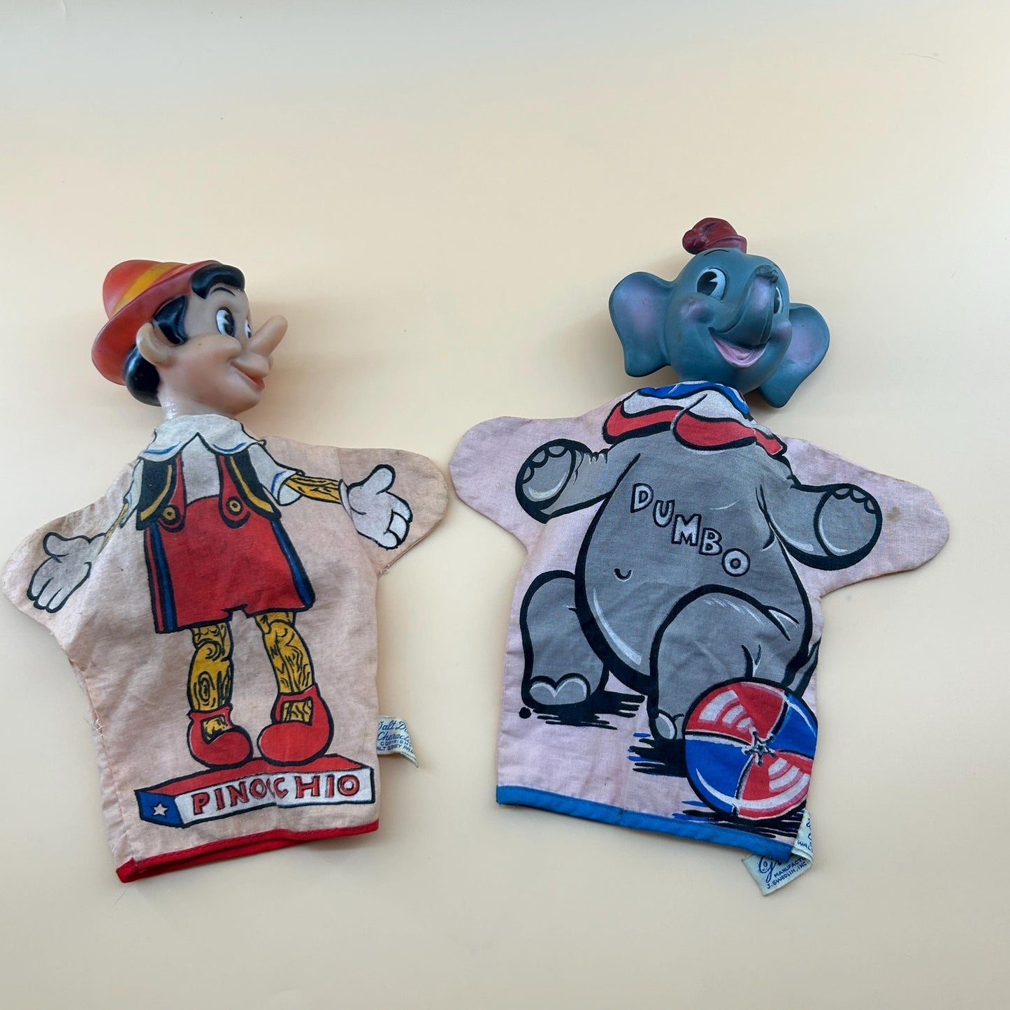 Vintage Disney Pinocchio & Dumbo Hand Puppets Set Vinyl Head Walt Disney Productions Toy 1960s Mid Century Character Disneyana Collectible