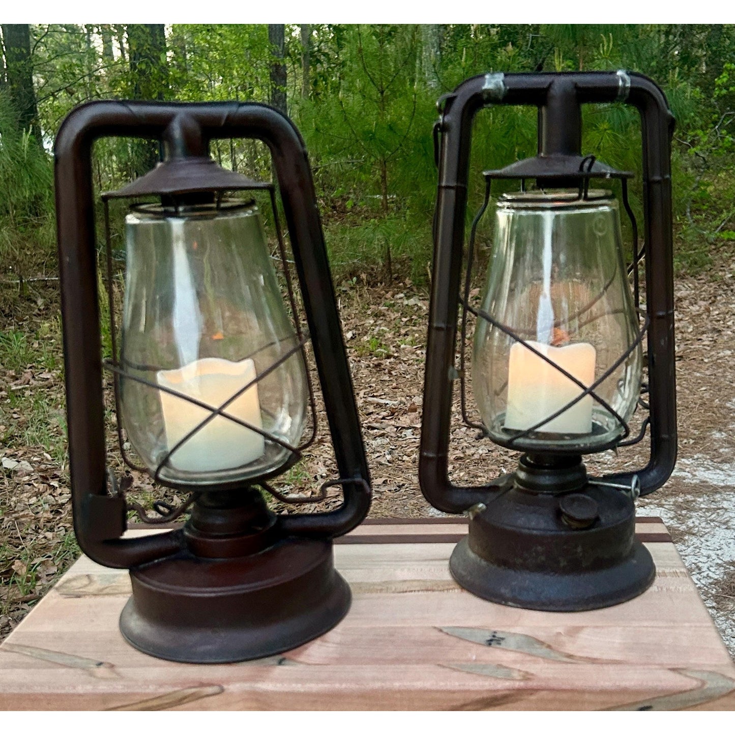 Antique Railroad Oil Lantern Pair Dietz & Monarch Tubular Lanterns Museum Conserved Patina Industrial Farmhouse Lighting Primitive Railroad