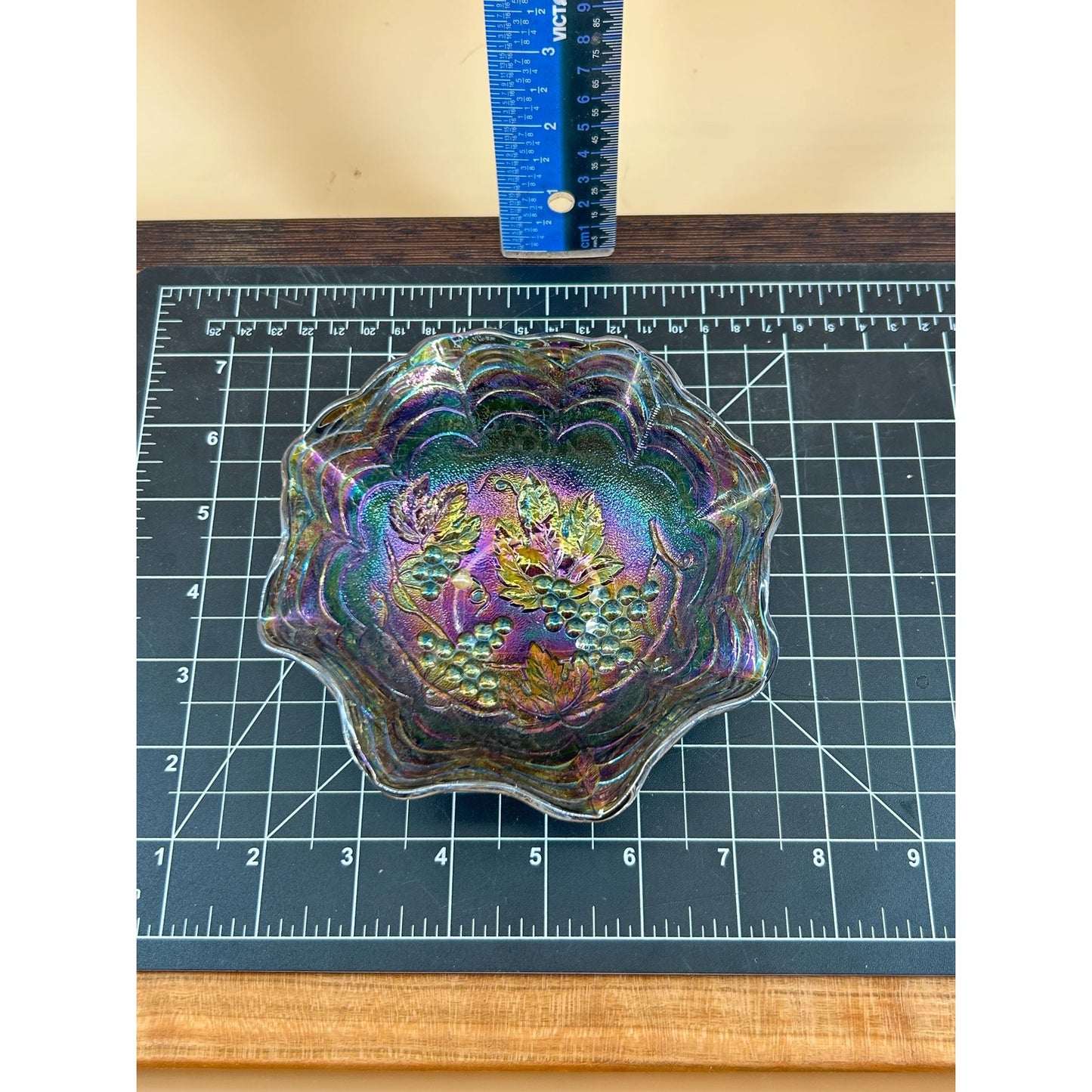 Antique Imperial Carnival Glass Grape & Cable Ruffled Bowl • Amethyst Iridescent Pressed Glass Berry Dish • Early 1900s Vintage Carnival