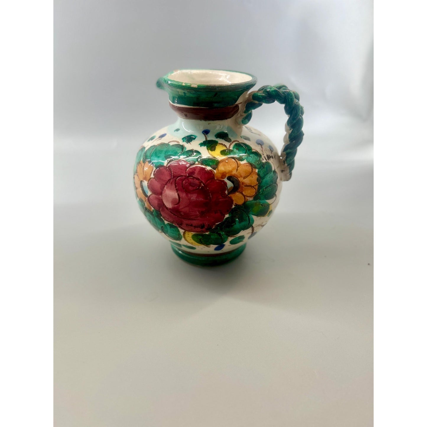 Vintage Hand Painted Spanish Majolica Talavera Style Faience Pitcher Twisted Handle Floral Jug