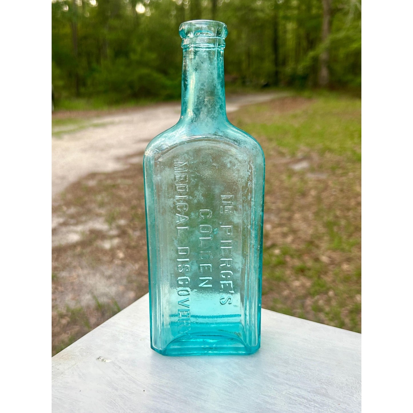 Antique Dr Pierce Golden Medical Discovery Aqua Blue Medicine Bottle Buffalo NY Patent Medicine c1880s