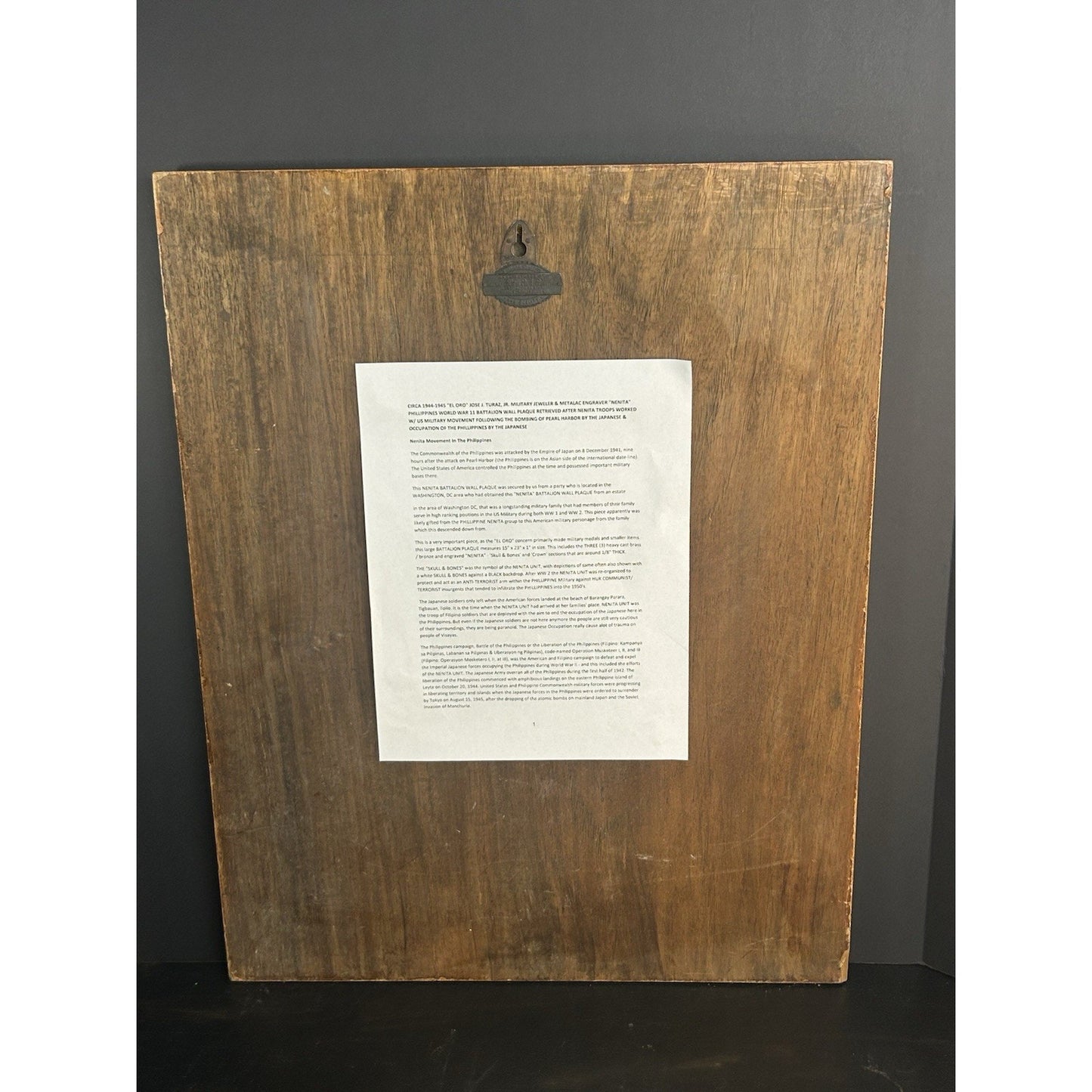 Vintage Nenita El Oro military plaque 1940s engraved detail
