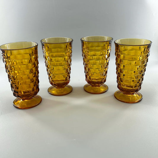 Vintage Indiana Glass Whitehall Cube amber footed tumblers set of 4 MCM barware front