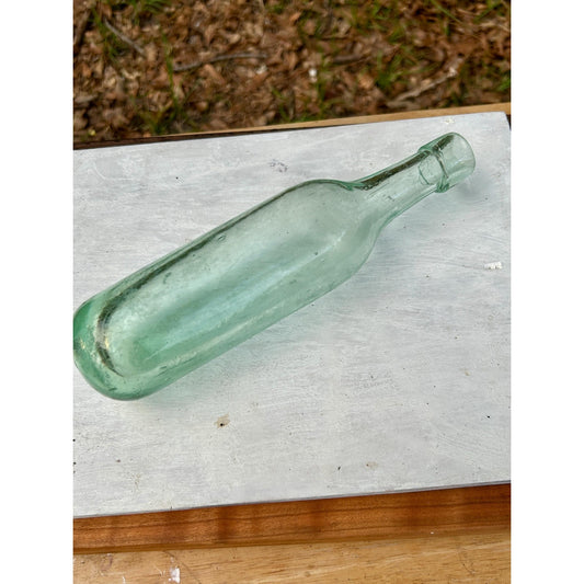 Antique hand-blown aqua glass utility bottle c1870-1885 with applied collar - front view
