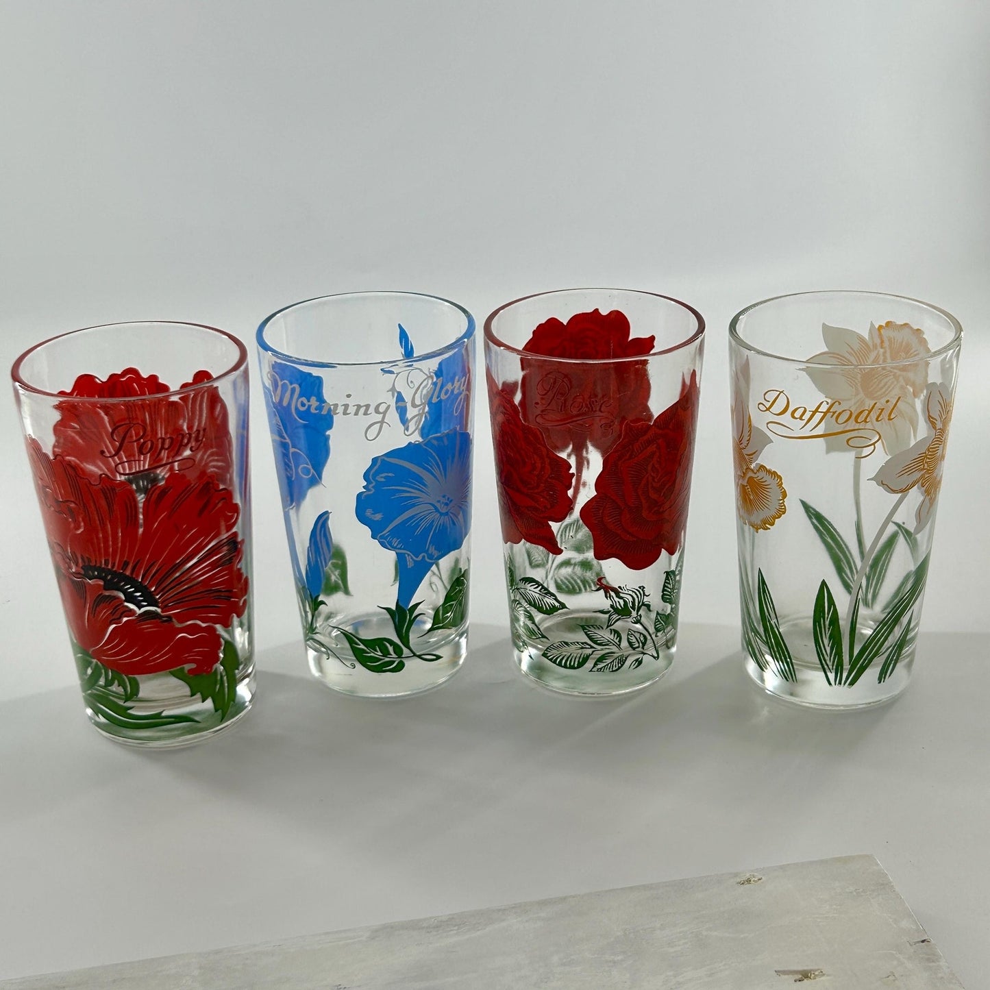 Vintage Federal Glass Floral Tumbler Set of 8 Mid Century Drinking Glasses Poppy Rose Daffodil Retro Barware MCM USA