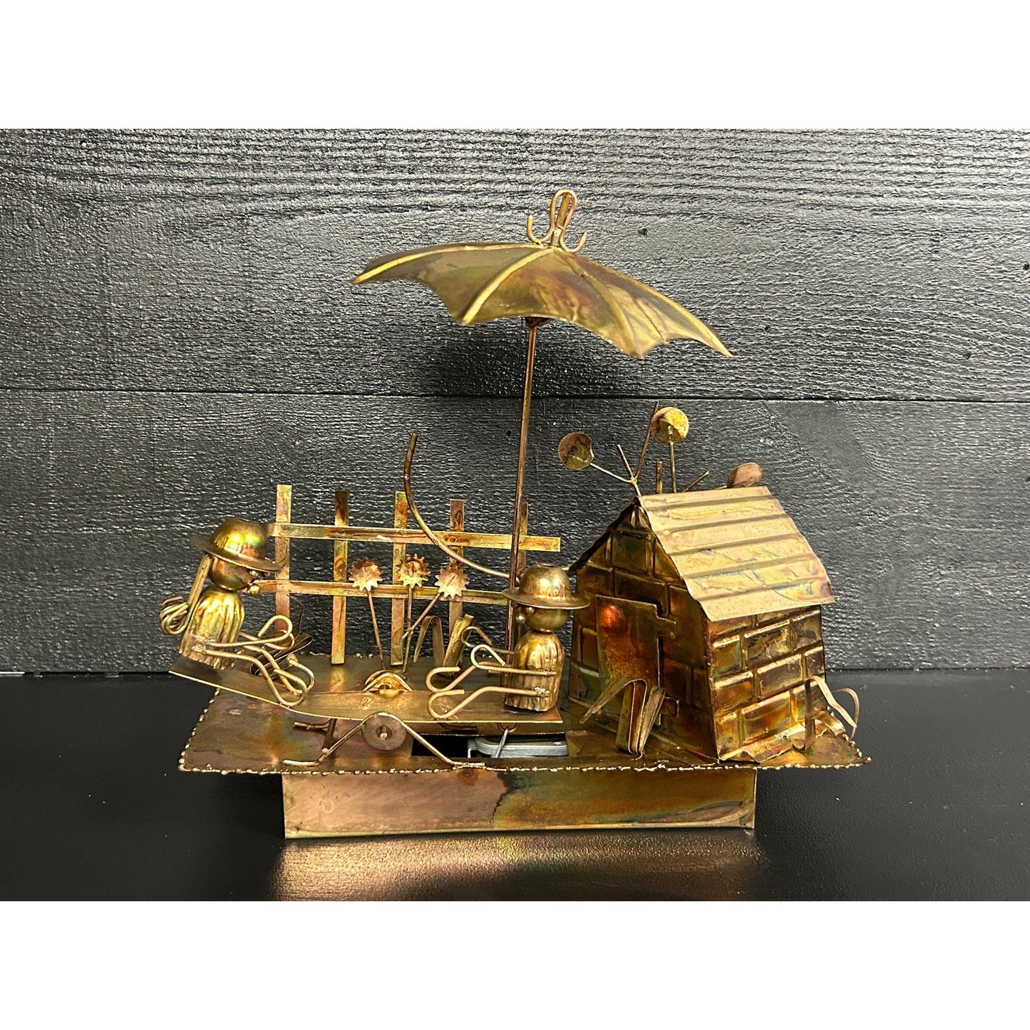 Vintage Berkeley Designs Brass Kinetic Music Box • Working TOYO Movement • Moving Figures Garden Scene • “It’s a Small World” Sculpture rare