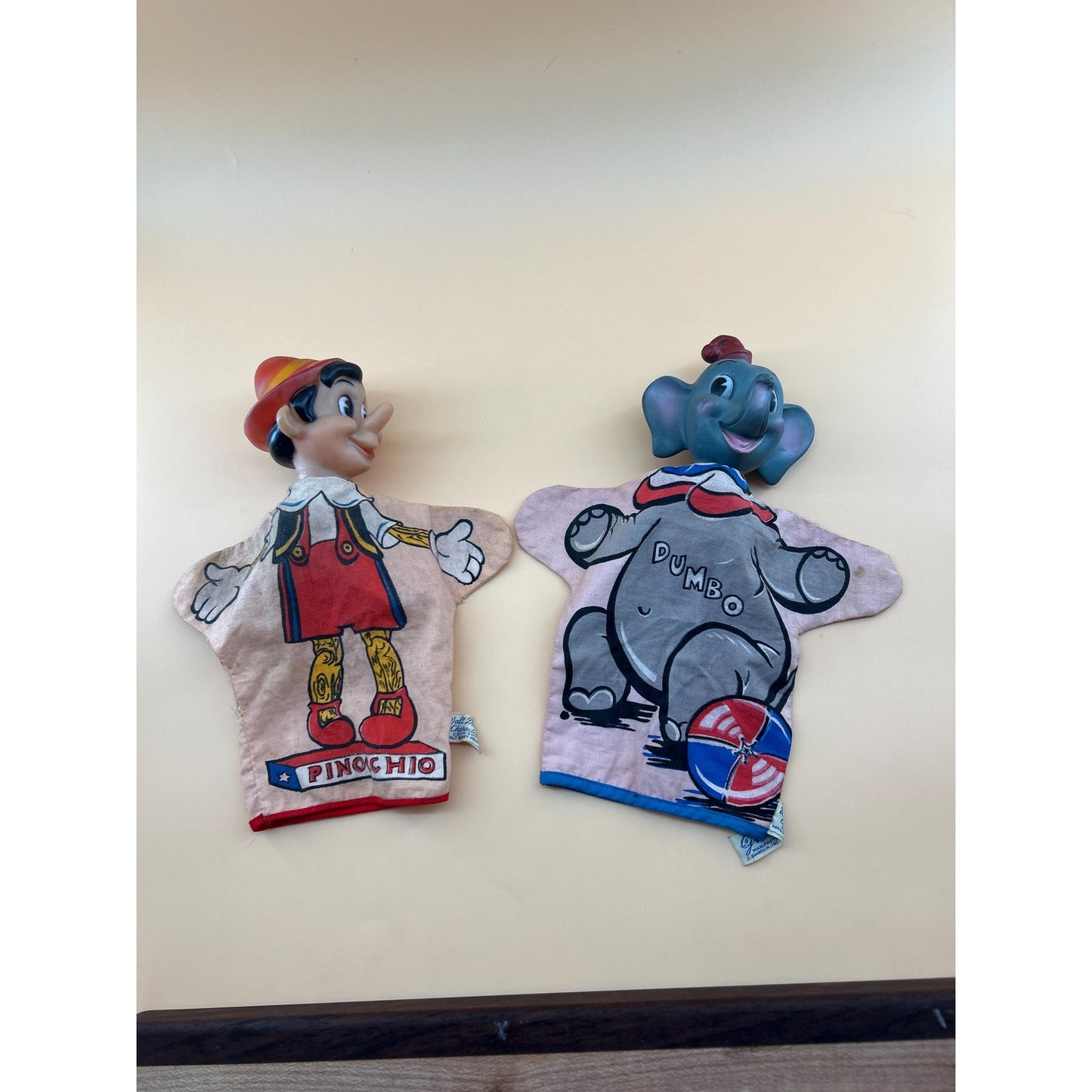 Vintage Disney Pinocchio & Dumbo Hand Puppets Set Vinyl Head Walt Disney Productions Toy 1960s Mid Century Character Disneyana Collectible