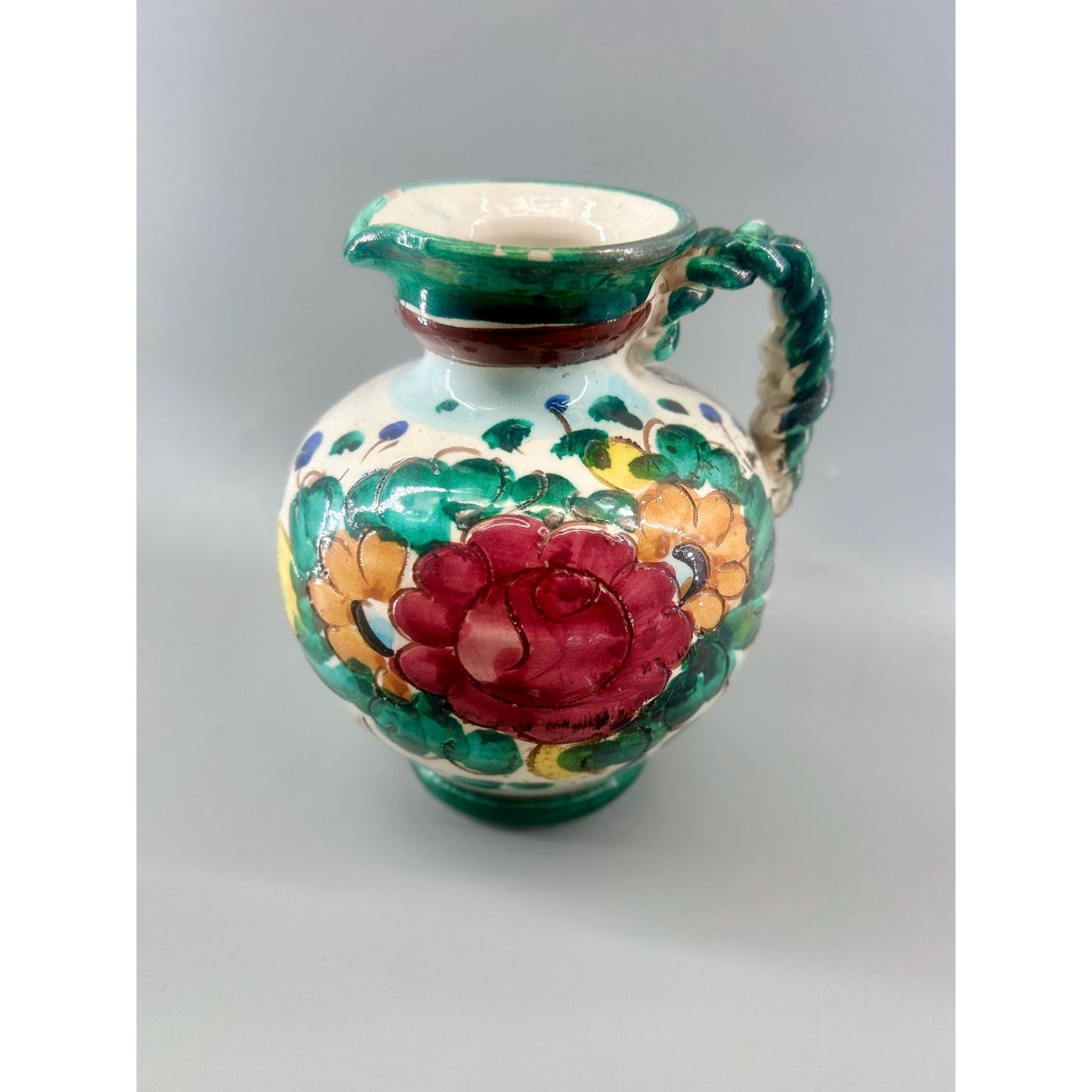 Vintage Hand Painted Spanish Majolica Talavera Style Faience Pitcher Twisted Handle Floral Jug