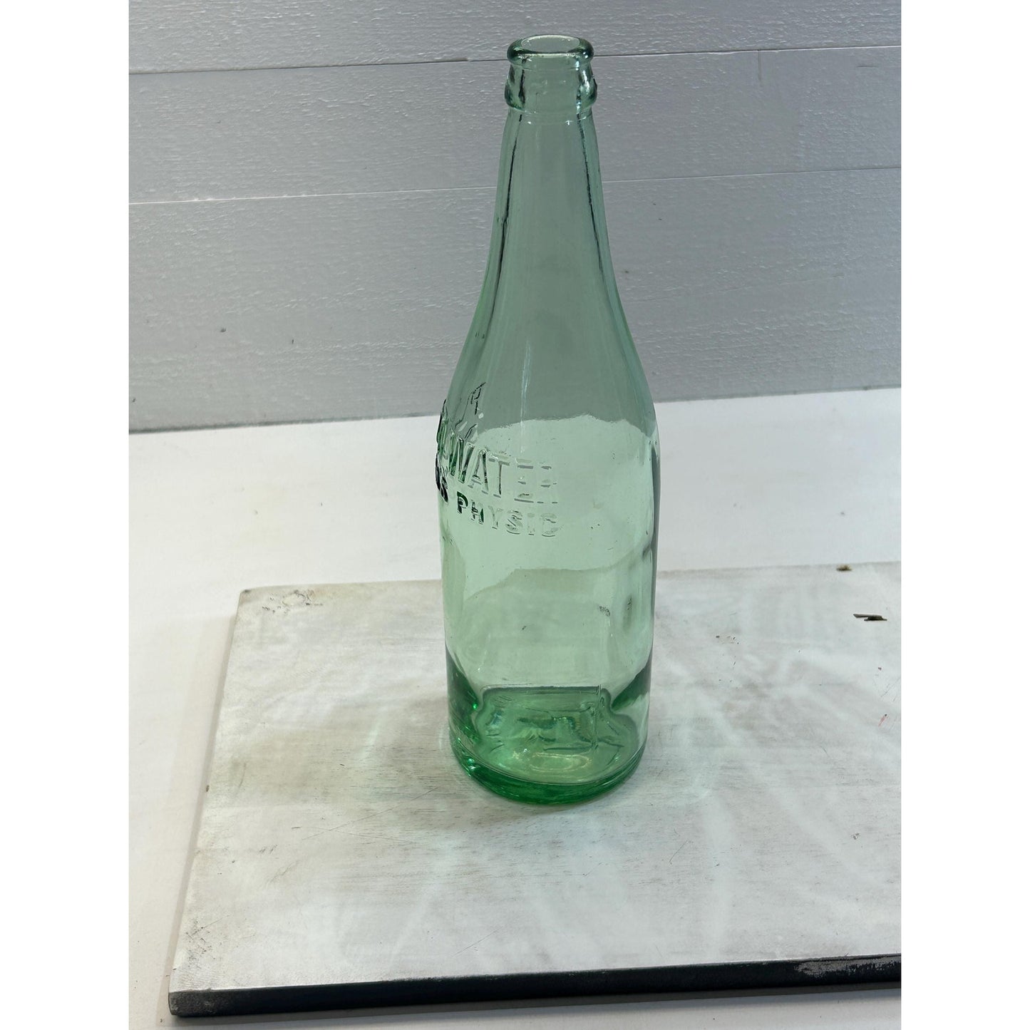 Vintage Pluto Water Bottle with Devil Logo – 1920s–40s Embossed Aqua Glass Soda Mineral Water Bottle – Indiana Collectible rare Apothecary