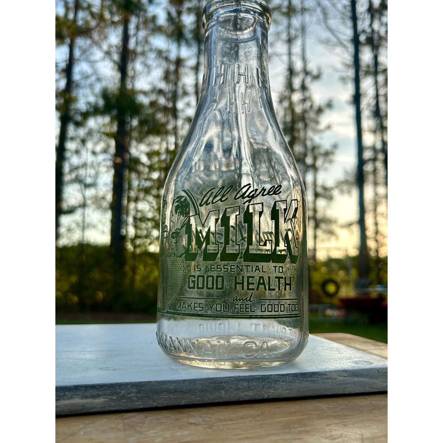 1944 Vintage Harms Dairy Oakhurst Farm Savannah GA Quart Milk Bottle Green ACL Family Graphic