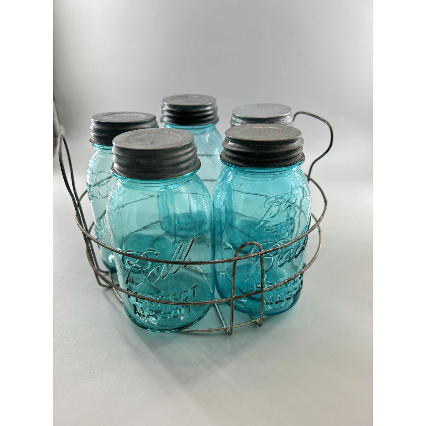 Vintage Ball Perfect Mason Jar Set Aqua Blue w Wire Carrier Zinc Lids 5pc