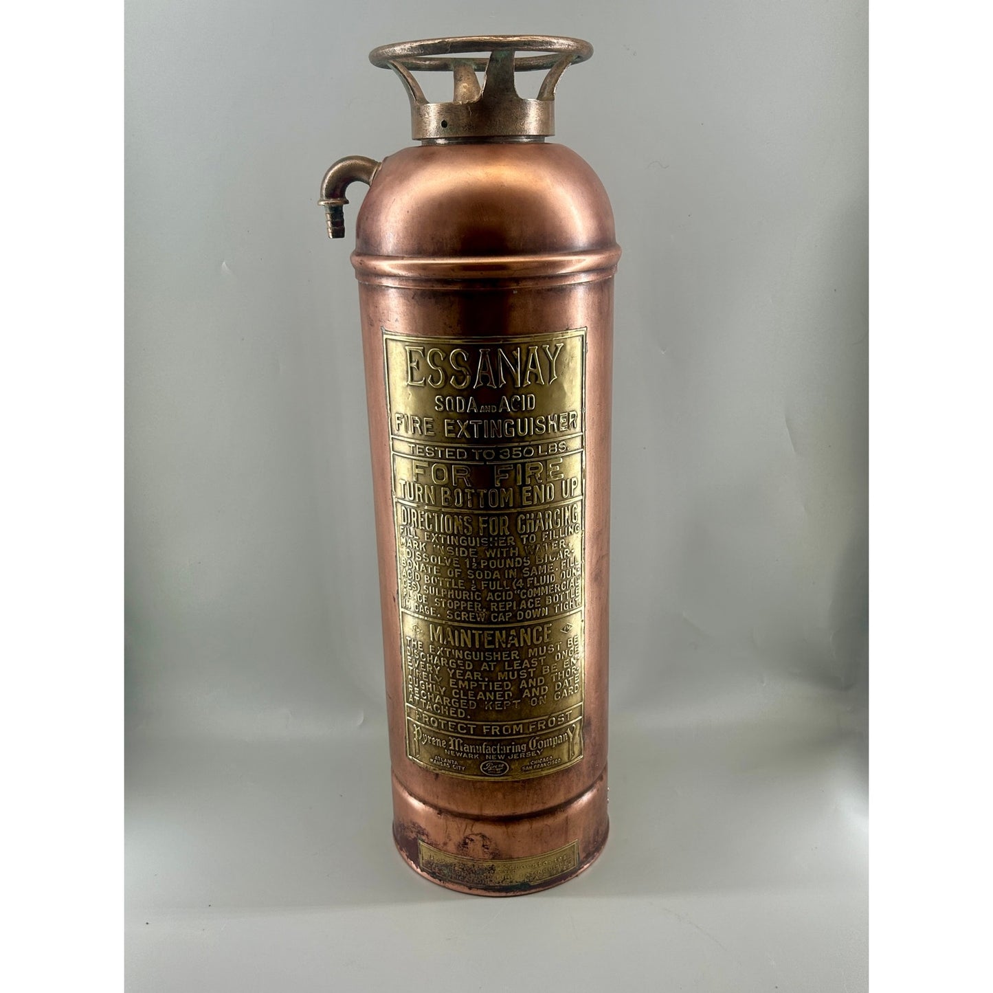 Antique ESSANAY Soda-Acid Fire Extinguisher c.1910s – Solid Copper & Brass – Complete Original Components – Collector Grade. Industrial