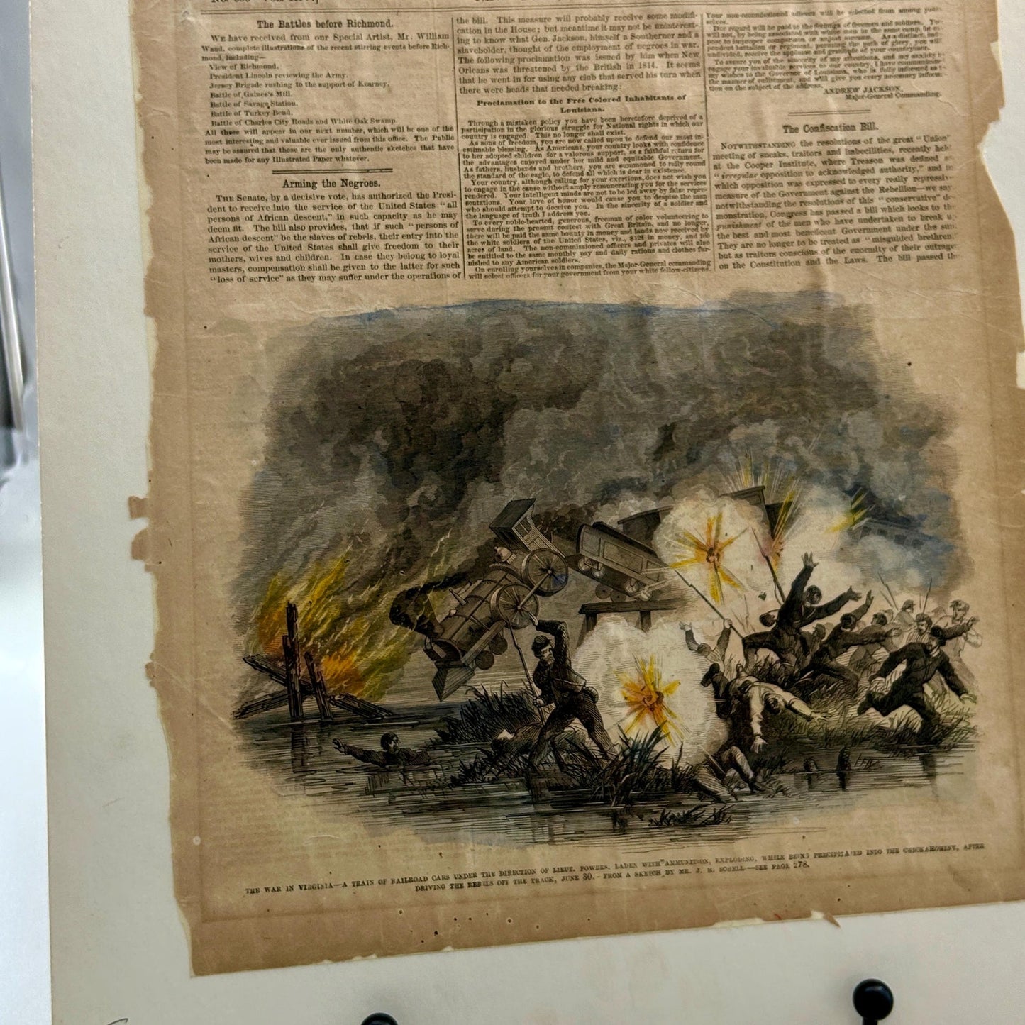 Antique Civil War 1862 Frank Leslie’s Newspaper Train Explosion Virginia Original Engraving Railroad Battle. Authentic Antique Print