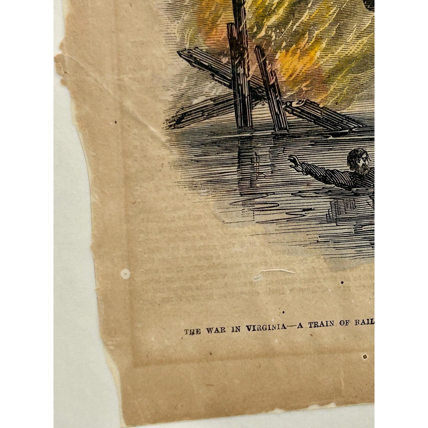 Antique Civil War 1862 Frank Leslie’s Newspaper Train Explosion Virginia Original Engraving Railroad Battle. Authentic Antique Print