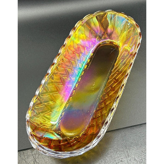 Antique marigold carnival glass relish tray diamond pattern iridescent front view