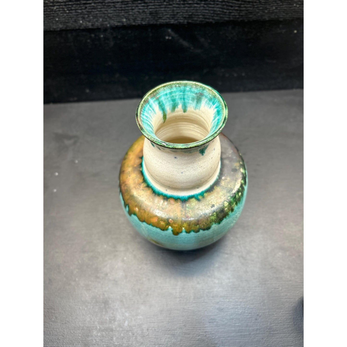Ernest E. Mitchell Studio Pottery Vase 1994 • Signed Hand Thrown Ceramic • Turquoise Green Drip Glaze • Art Pottery Home Decor. Folk Art