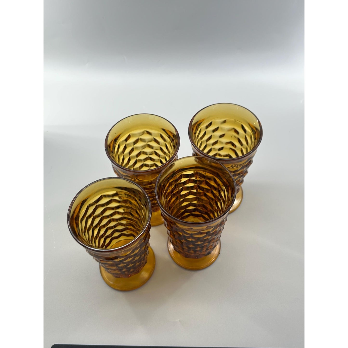Vintage Indiana Glass Whitehall Cube Tumblers Set of 4 Amber Footed Glasses Mid Century Barware Retro Drinkware. Honey Brown Root Beer MCM