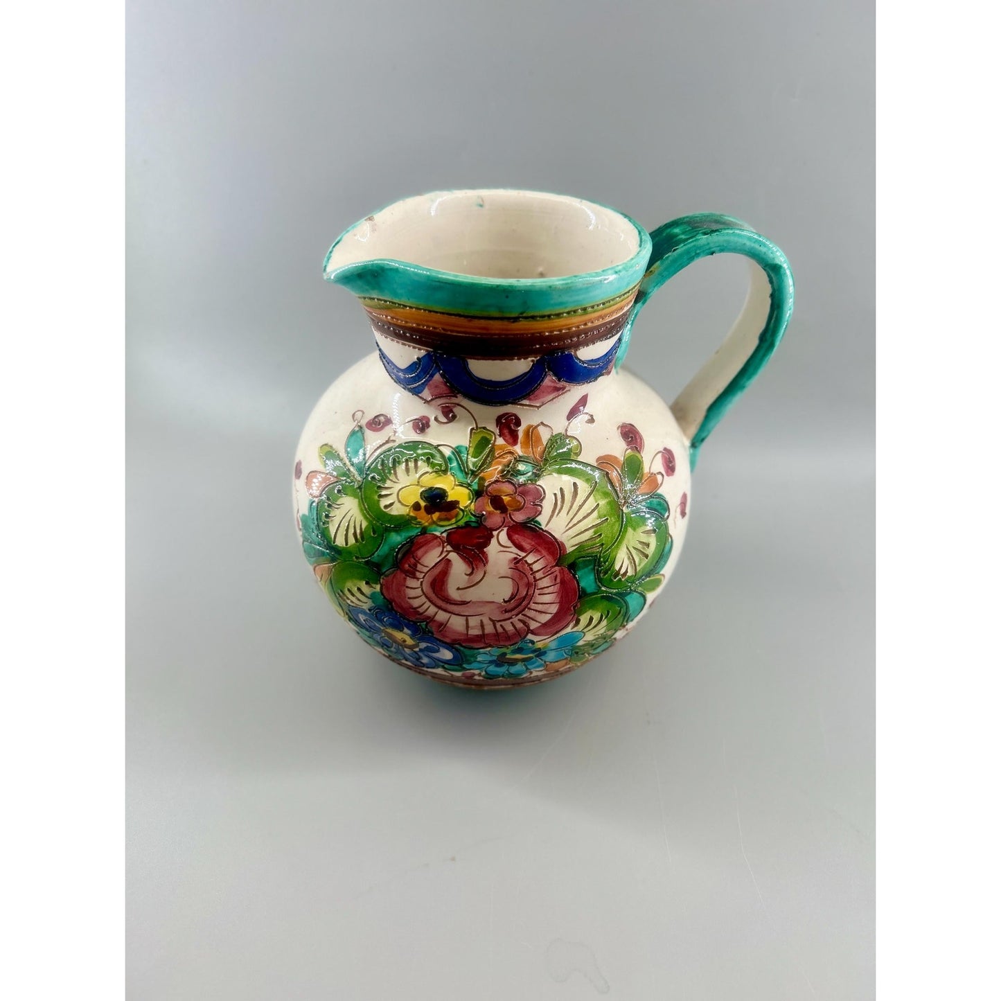 Vintage Spanish Talavera Faience Pottery Pitcher Hand Painted Floral Ceramic Jug Majolica