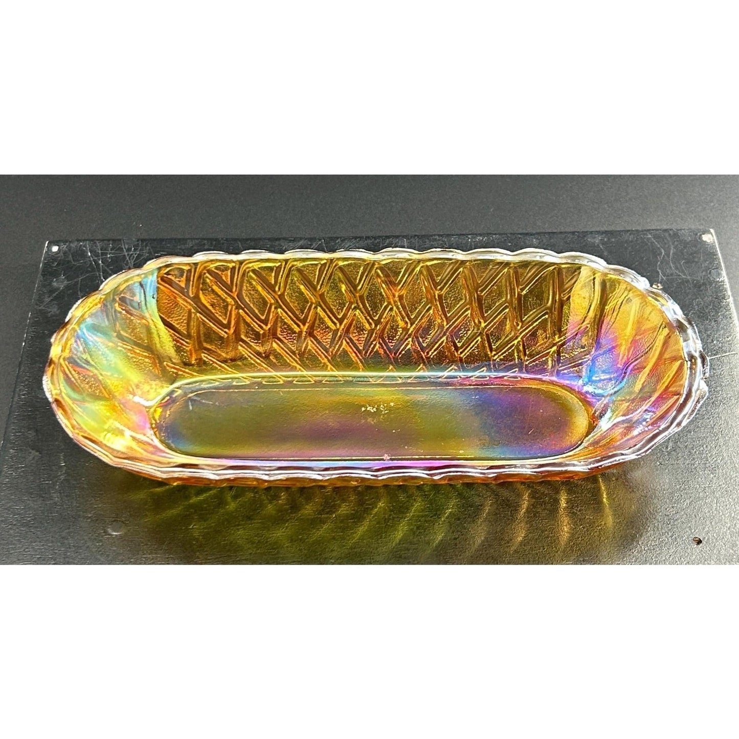 Vintage Indiana Carnival Glass Relish Tray – Marigold Iridescent Diamond Pattern