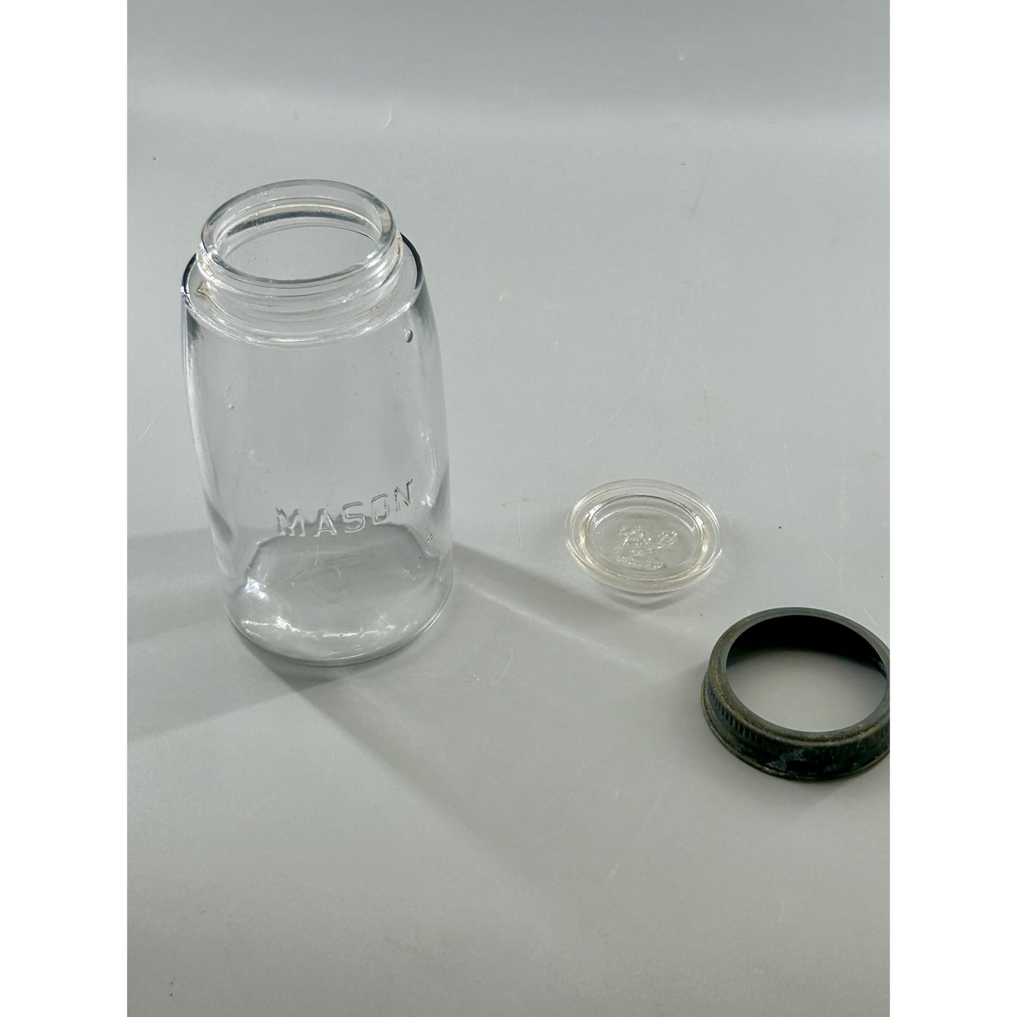 Vintage Mason Quart Fruit Jar Straight Line Clear Glass w/ Ball No. 10 Glass Lid. Gorgeous crisp embossing . With glass bubbles