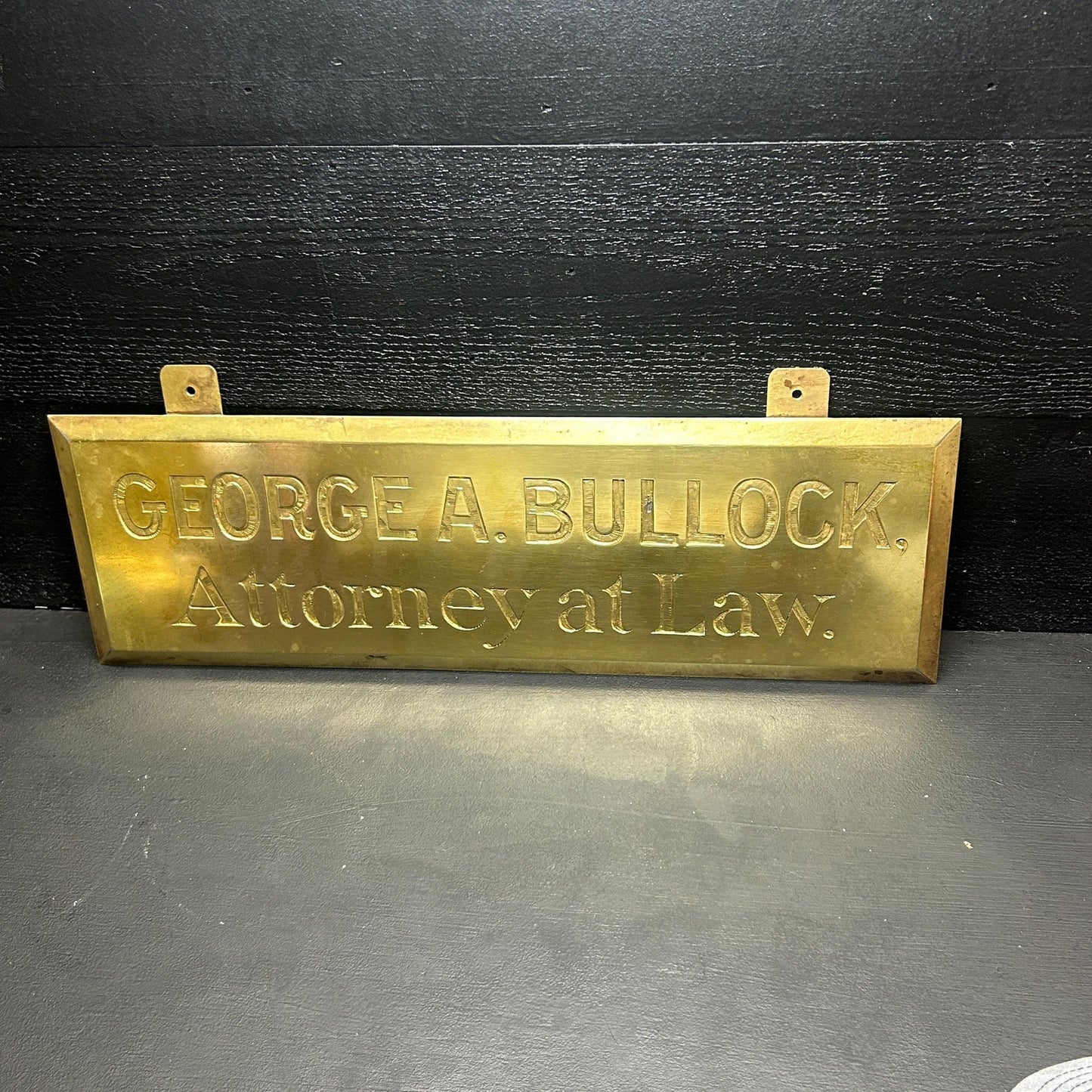 Restored Antique Brass Lawyer Sign – GEORGE A. BULLOCK Attorney at Law Plaque – Early 1900s Engraved Brass Law Office Sign. gorgeous shine!