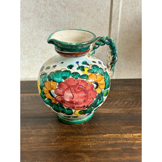 Vintage Spanish Majolica Talavera style faience pitcher, twisted rope handle, dense emerald green and cobalt floral decoration