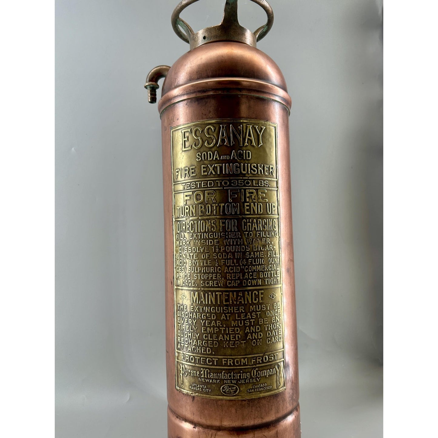 Antique ESSANAY Soda Acid Fire Extinguisher Copper Brass Original Glass Bottle Industrial Firehouse Decor Early 1900s