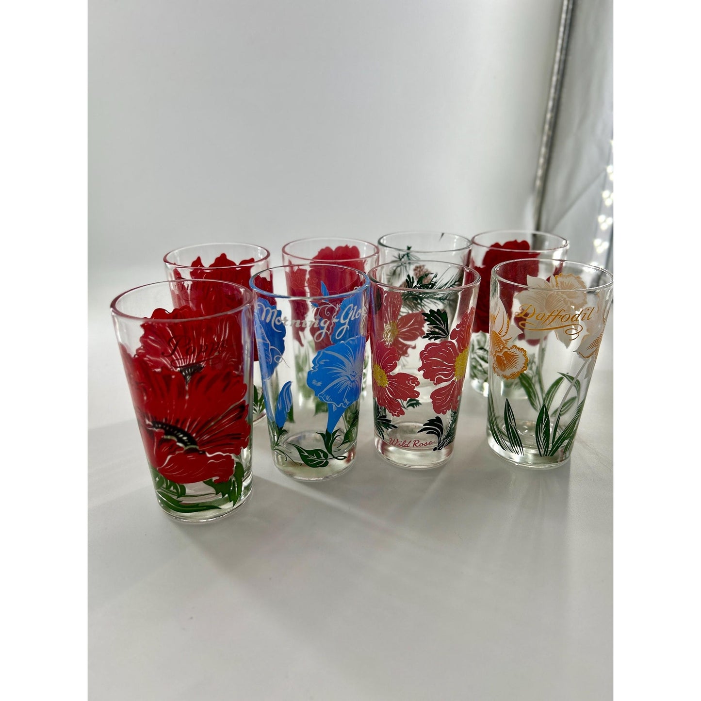 Vintage Federal Glass Floral Tumbler Set of 8 Mid Century Drinking Glasses Poppy Rose Daffodil Retro Barware MCM USA