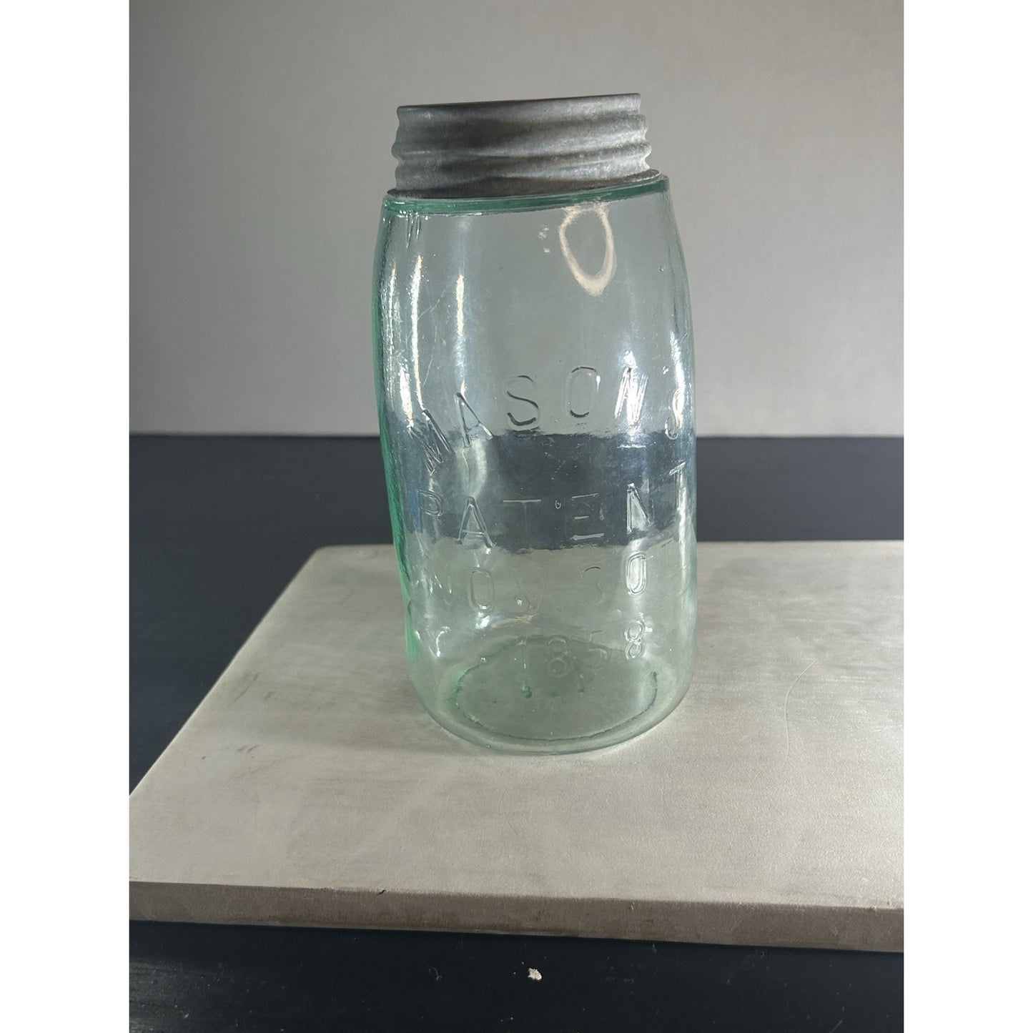 Antique 1858 Mason jar quart light blue full profile